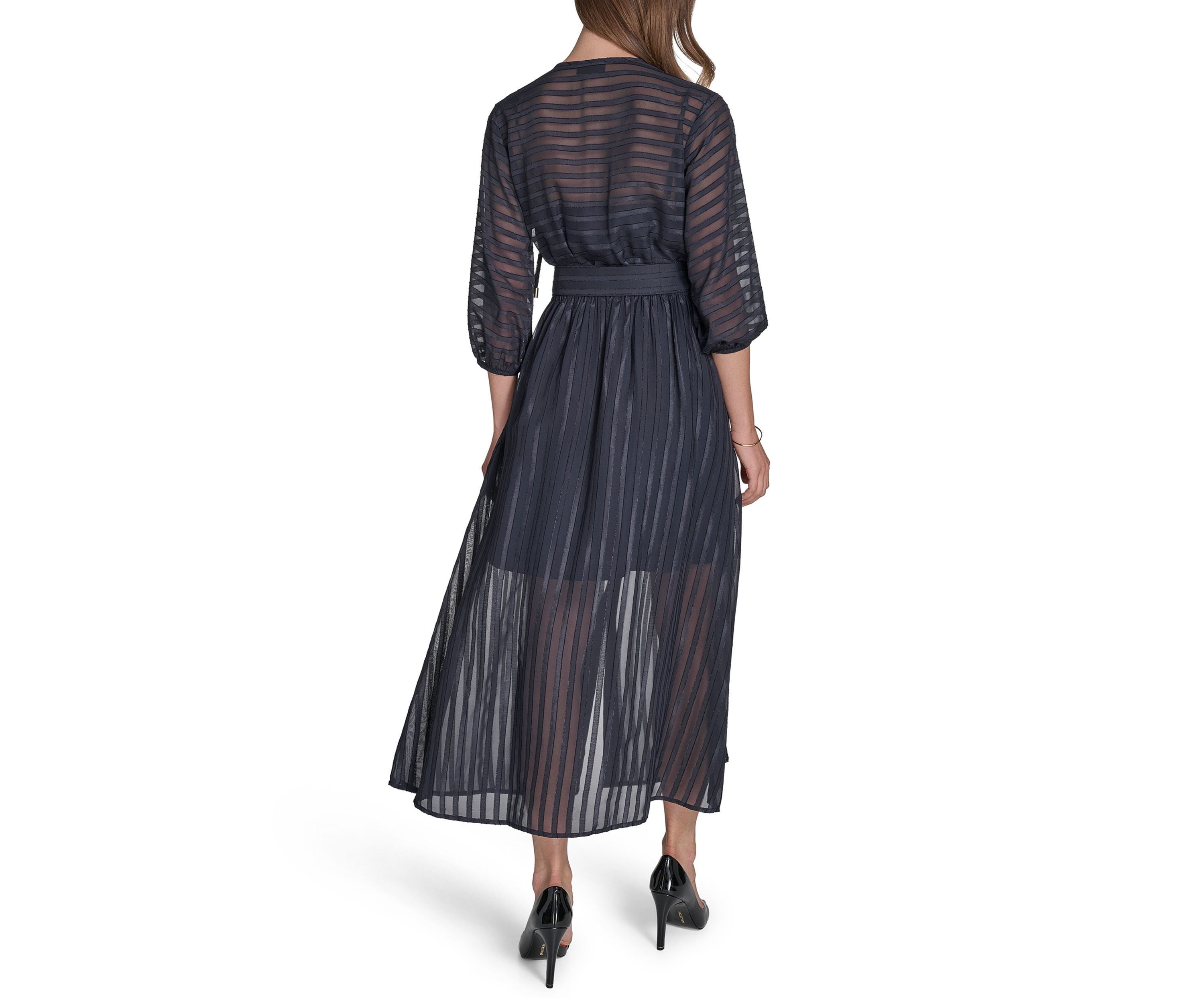 Womens 3/4 Sleeve Solid Belted Midi Dress