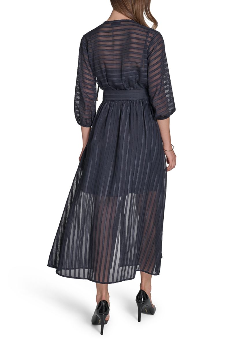 Womens 3/4 Sleeve Solid Belted Midi Dress
