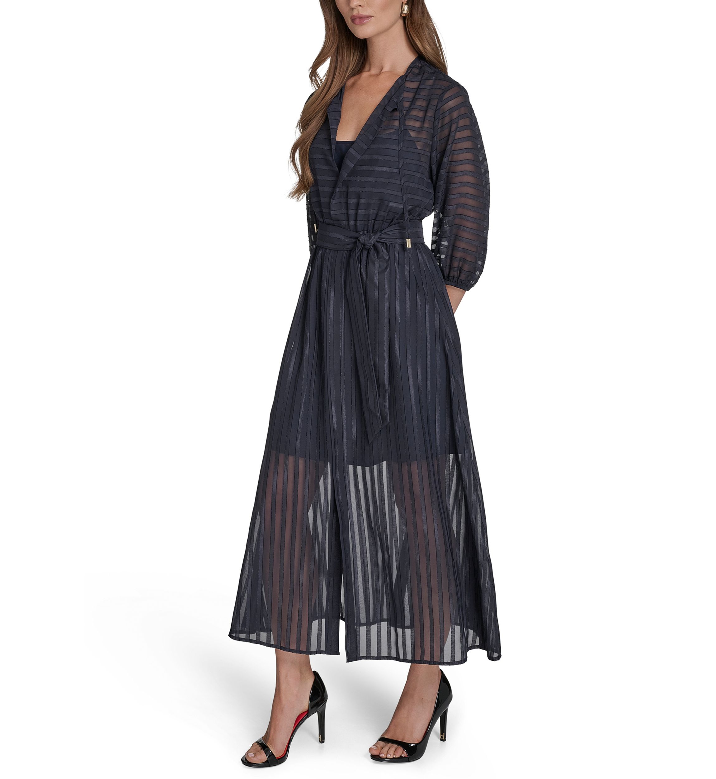Womens 3/4 Sleeve Solid Belted Midi Dress