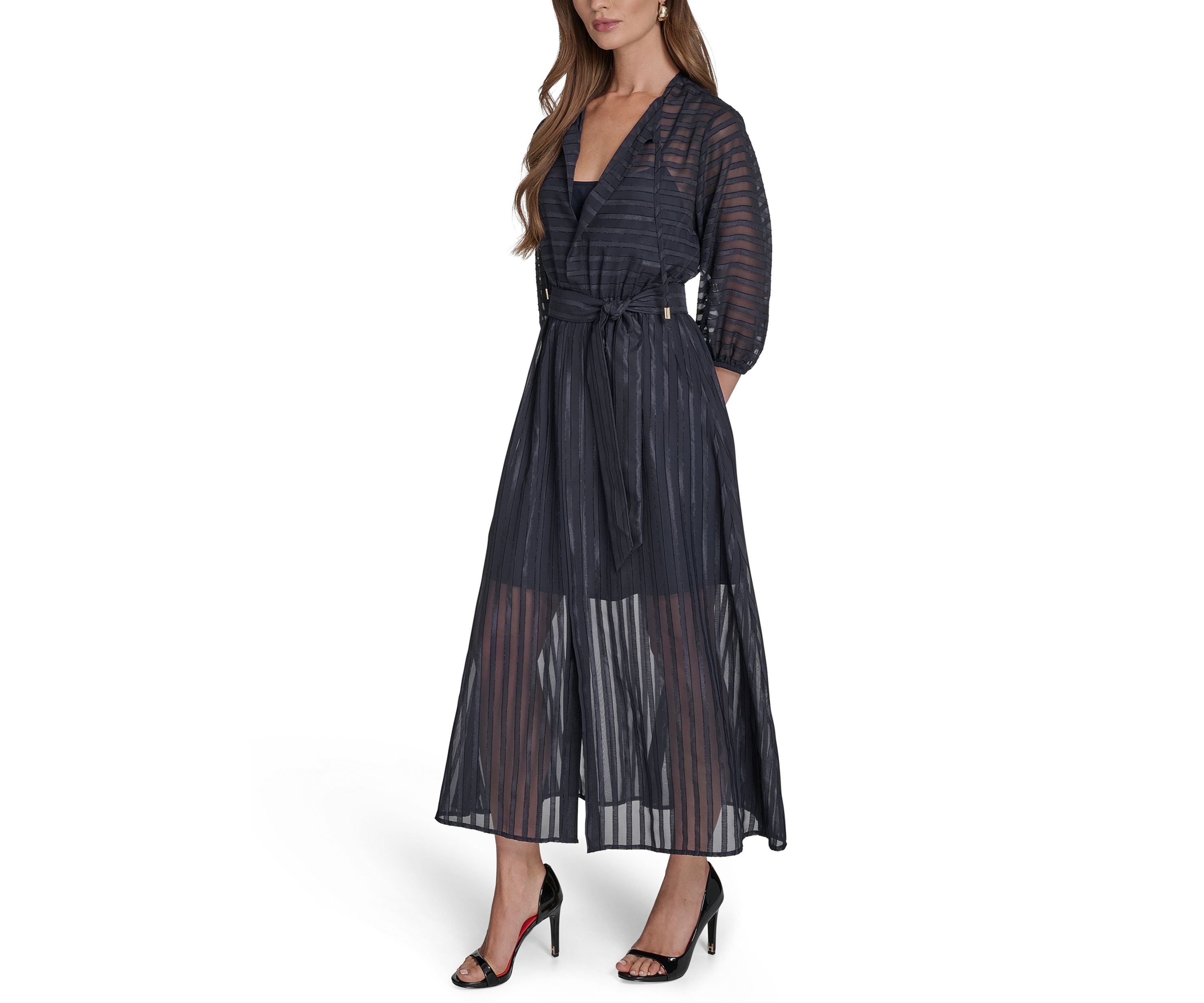 Womens 3/4 Sleeve Solid Belted Midi Dress