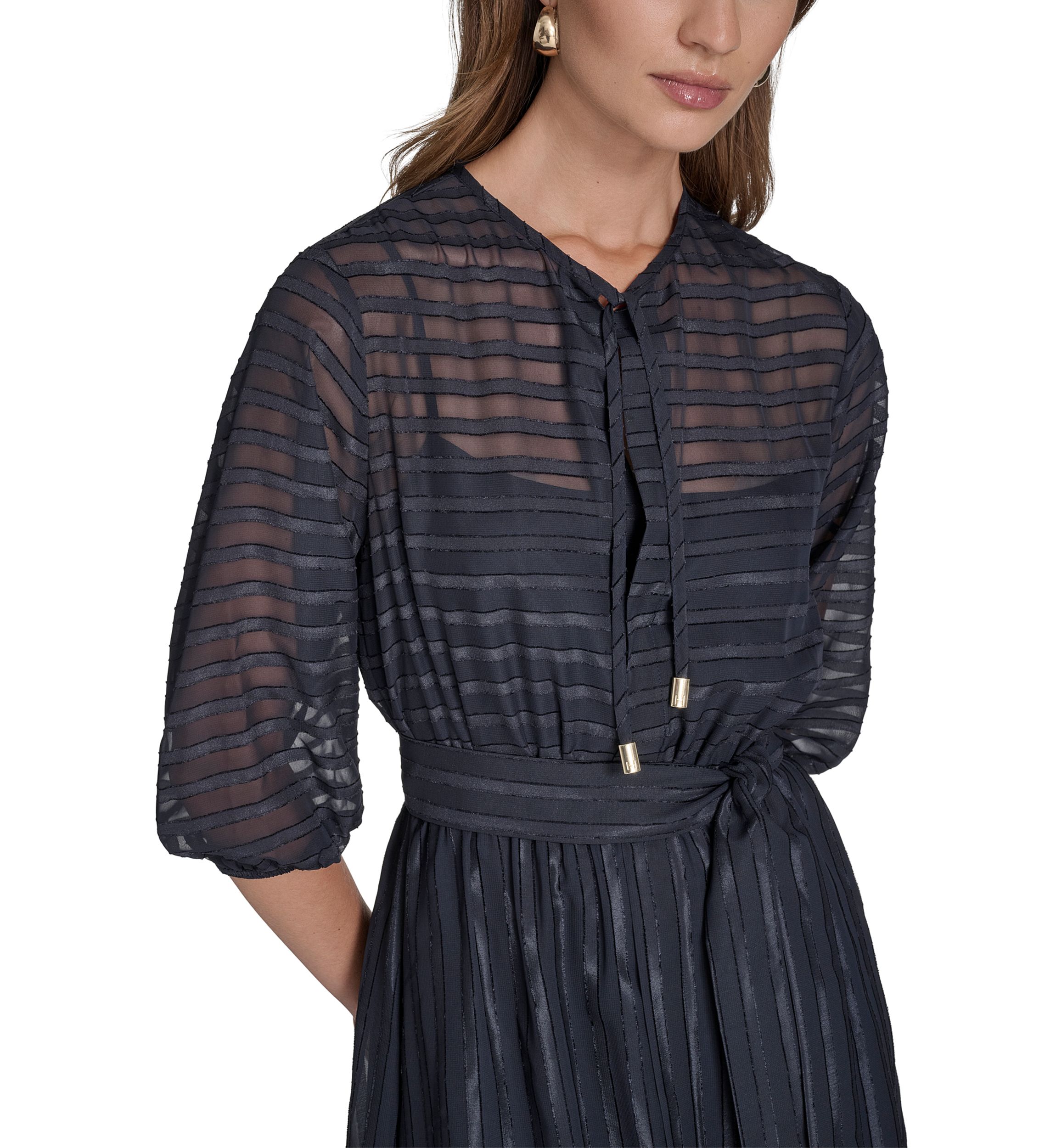 Womens 3/4 Sleeve Solid Belted Midi Dress