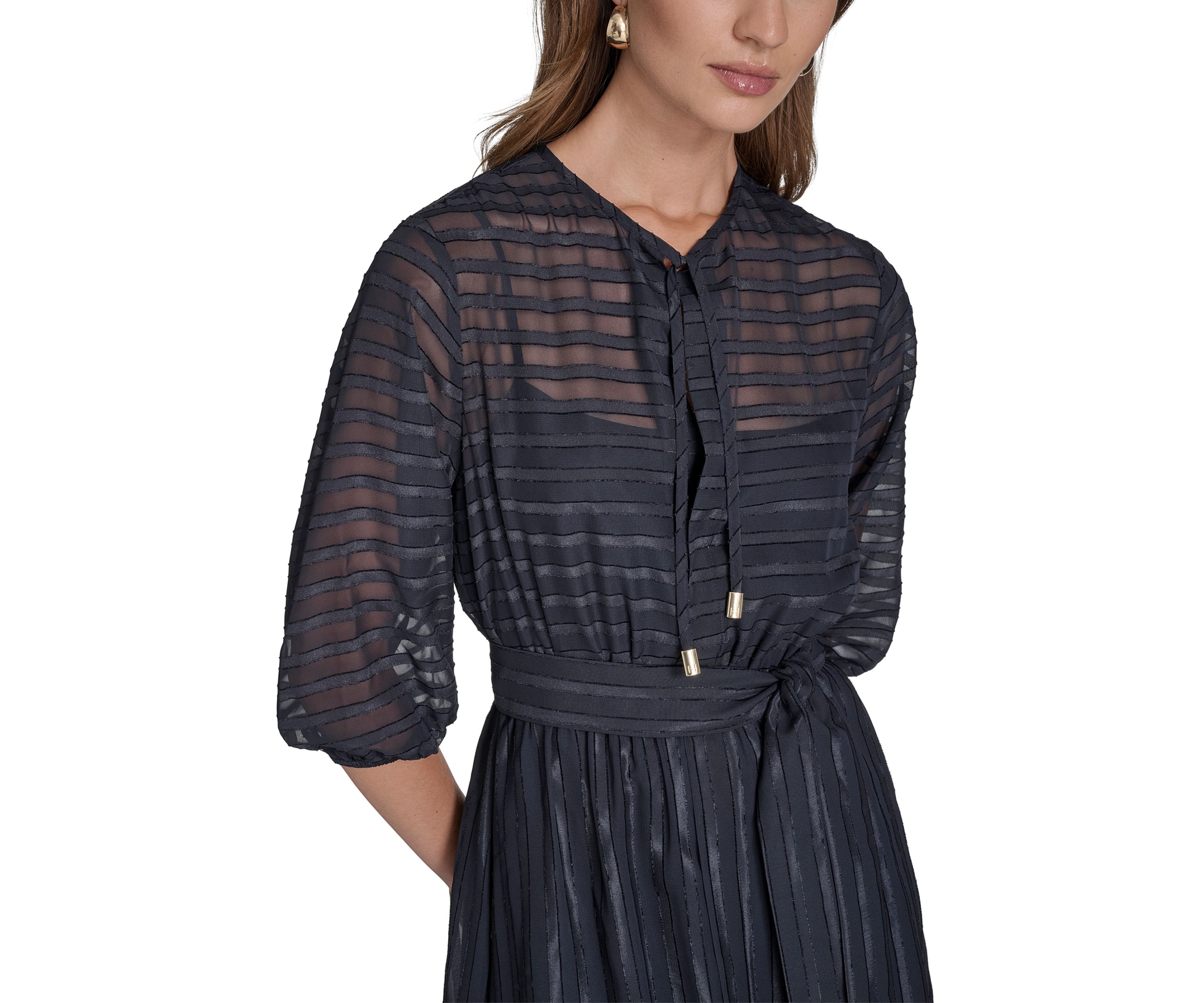 Womens 3/4 Sleeve Solid Belted Midi Dress