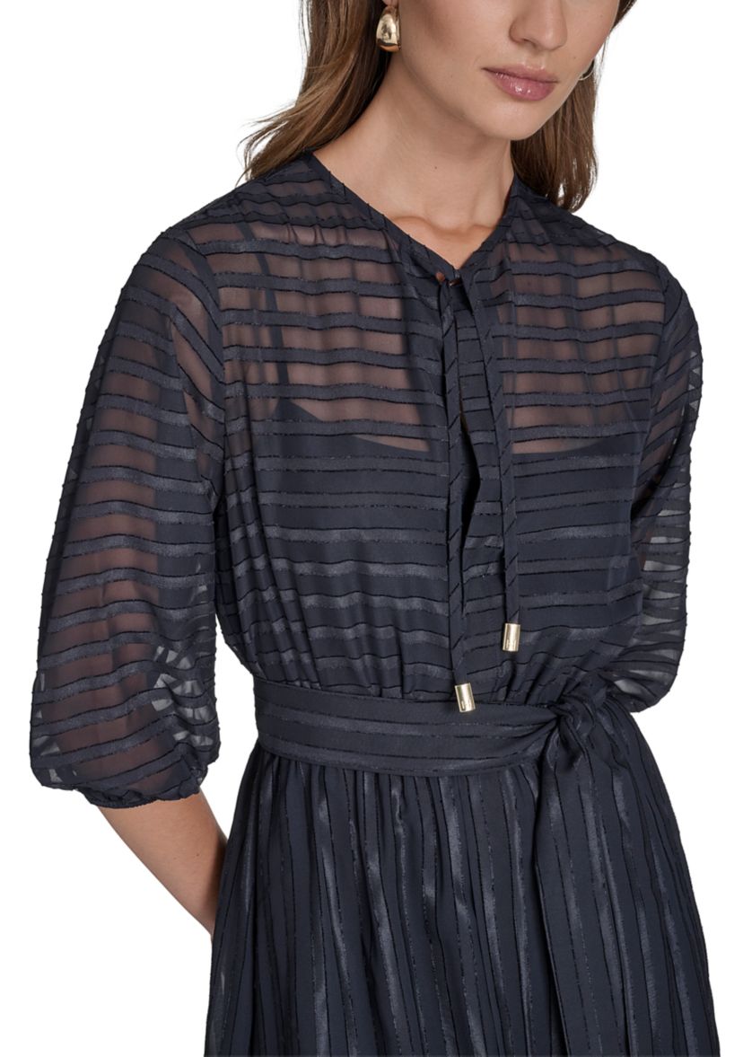 Womens 3/4 Sleeve Solid Belted Midi Dress