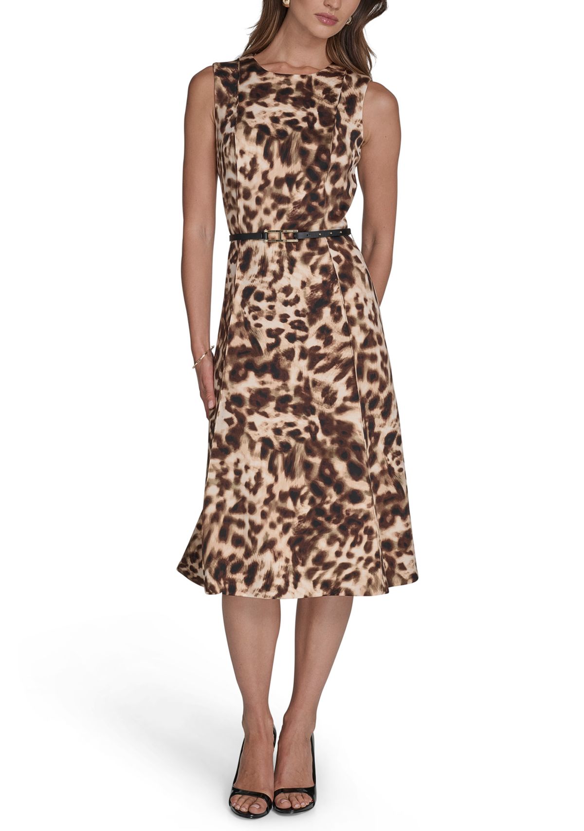 Womens Sleeveless Crew Neck Animal Print Midi Dress