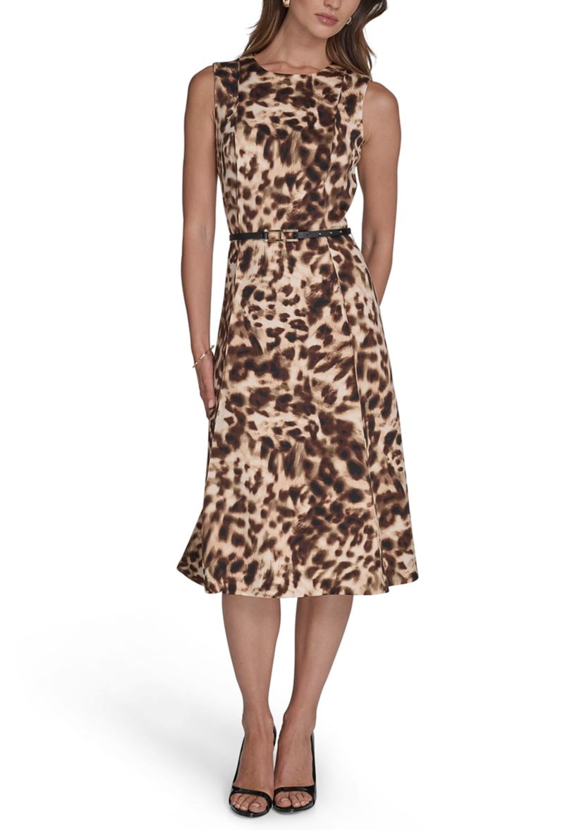 Womens Sleeveless Crew Neck Animal Print Midi Dress
