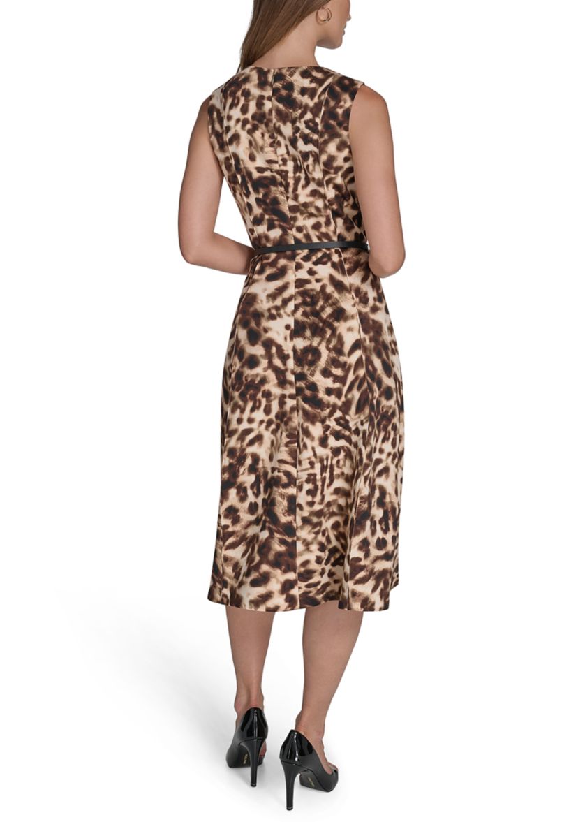 Womens Sleeveless Crew Neck Animal Print Midi Dress