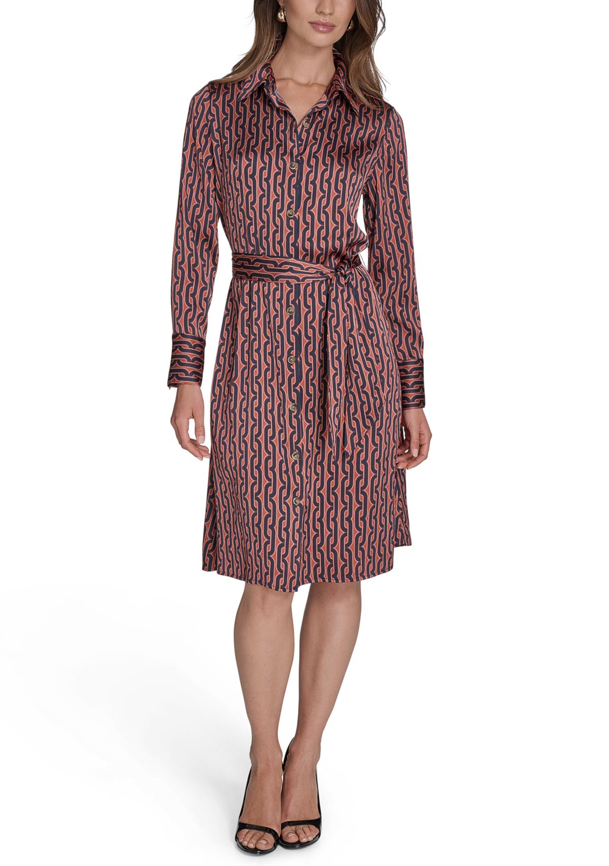 Womens Long Sleeve Collar Neck Printed Shirtdress