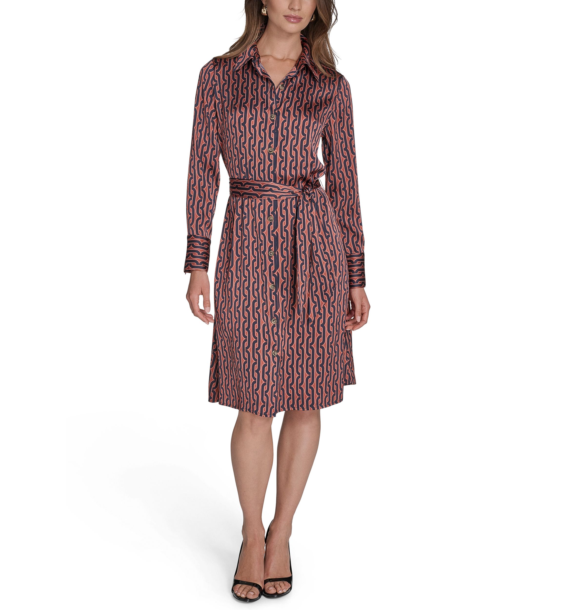 Womens Long Sleeve Collar Neck Printed Shirtdress
