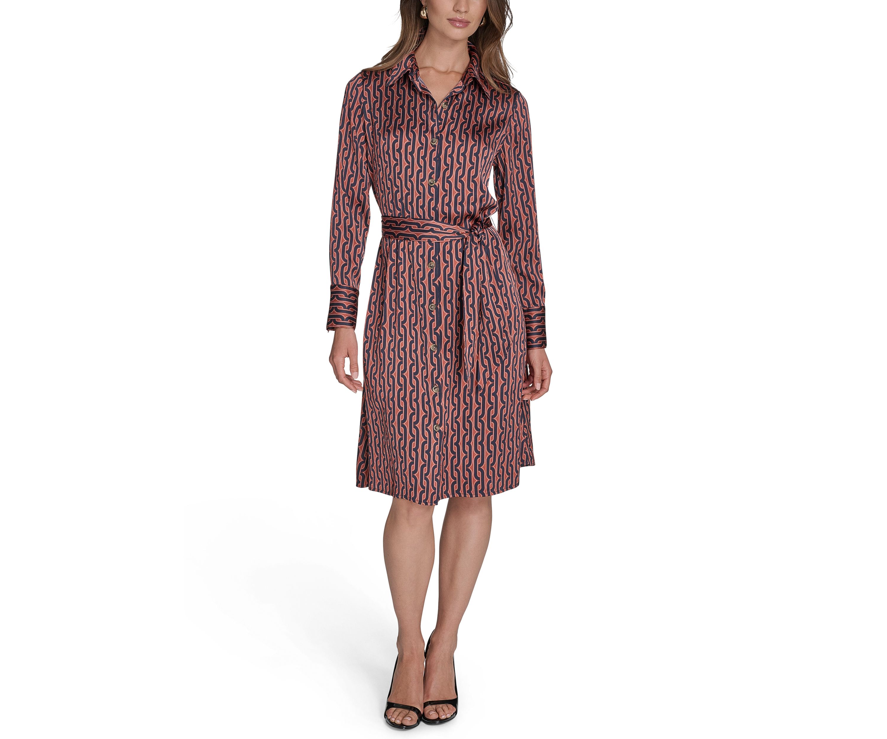 Womens Long Sleeve Collar Neck Printed Shirtdress