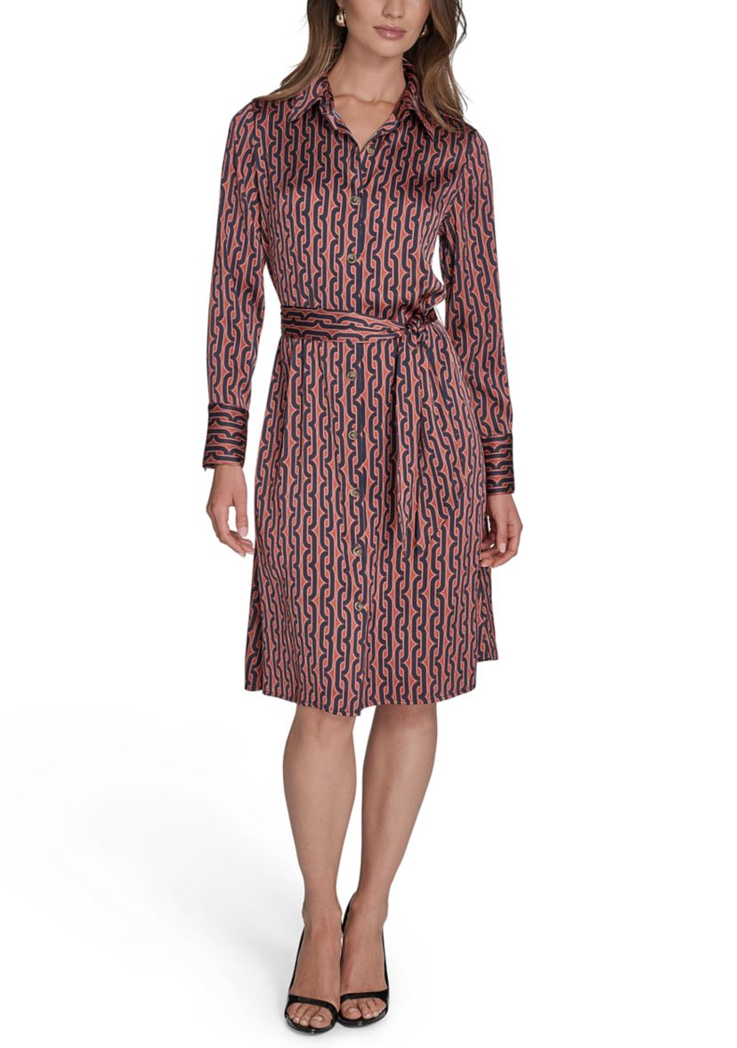 Womens Long Sleeve Collar Neck Printed Shirtdress