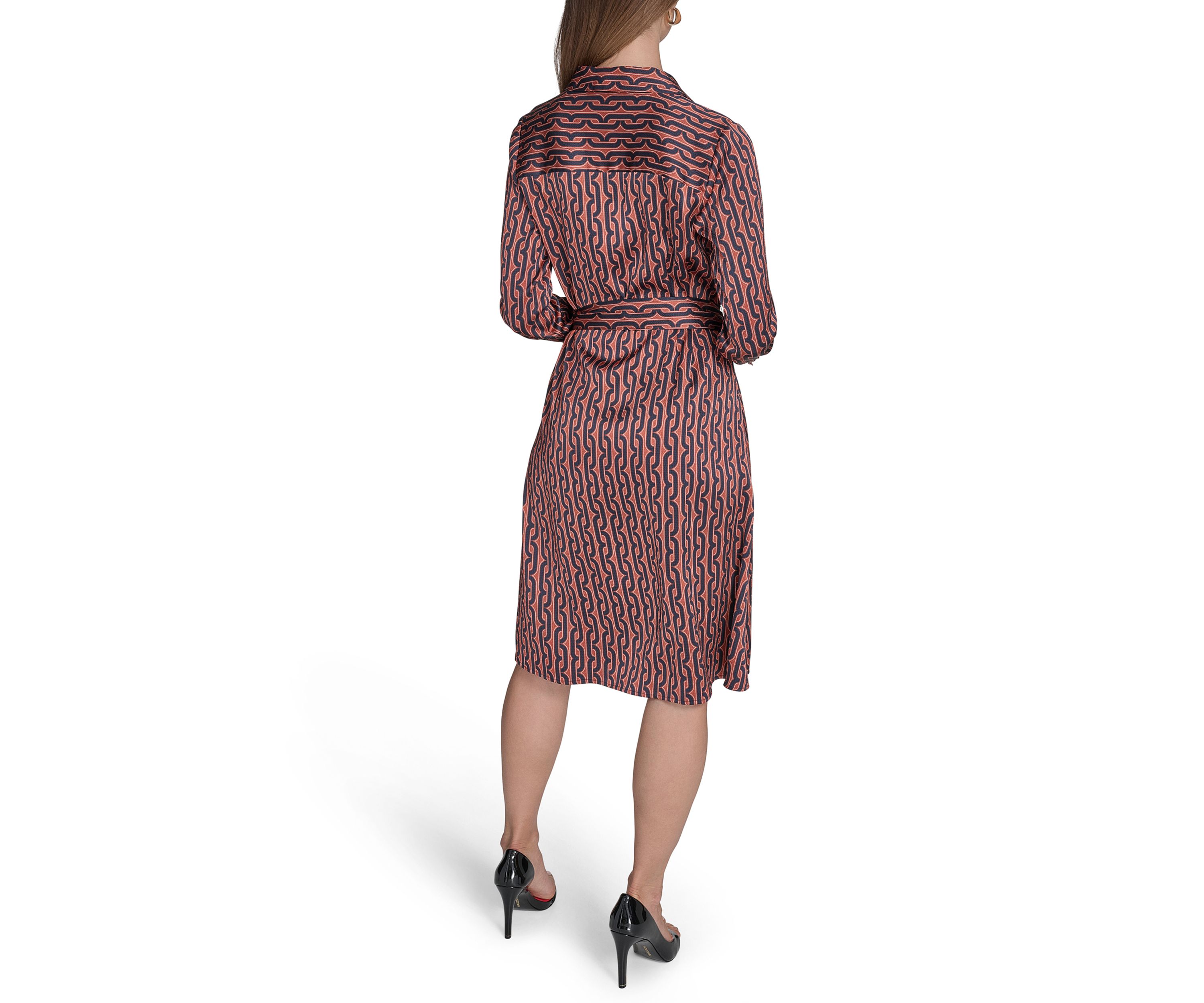 Womens Long Sleeve Collar Neck Printed Shirtdress