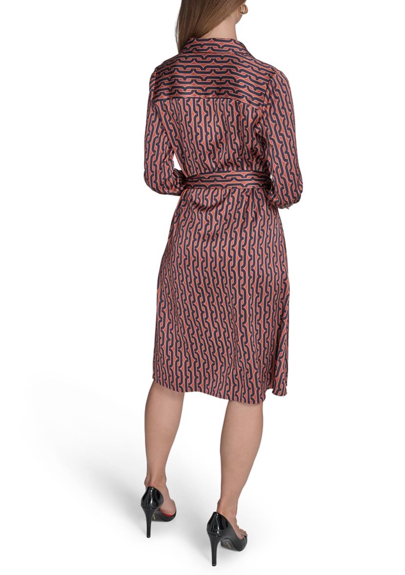 Womens Long Sleeve Collar Neck Printed Shirtdress