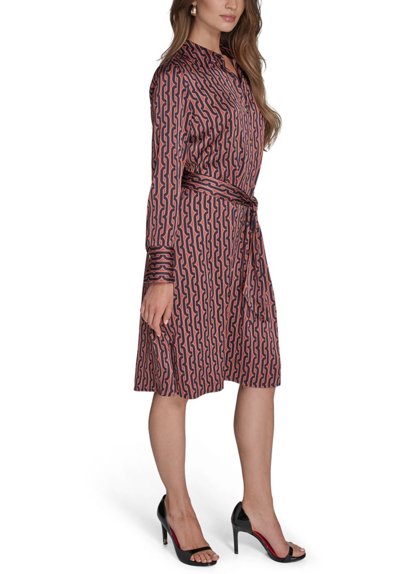 Womens Long Sleeve Collar Neck Printed Shirtdress