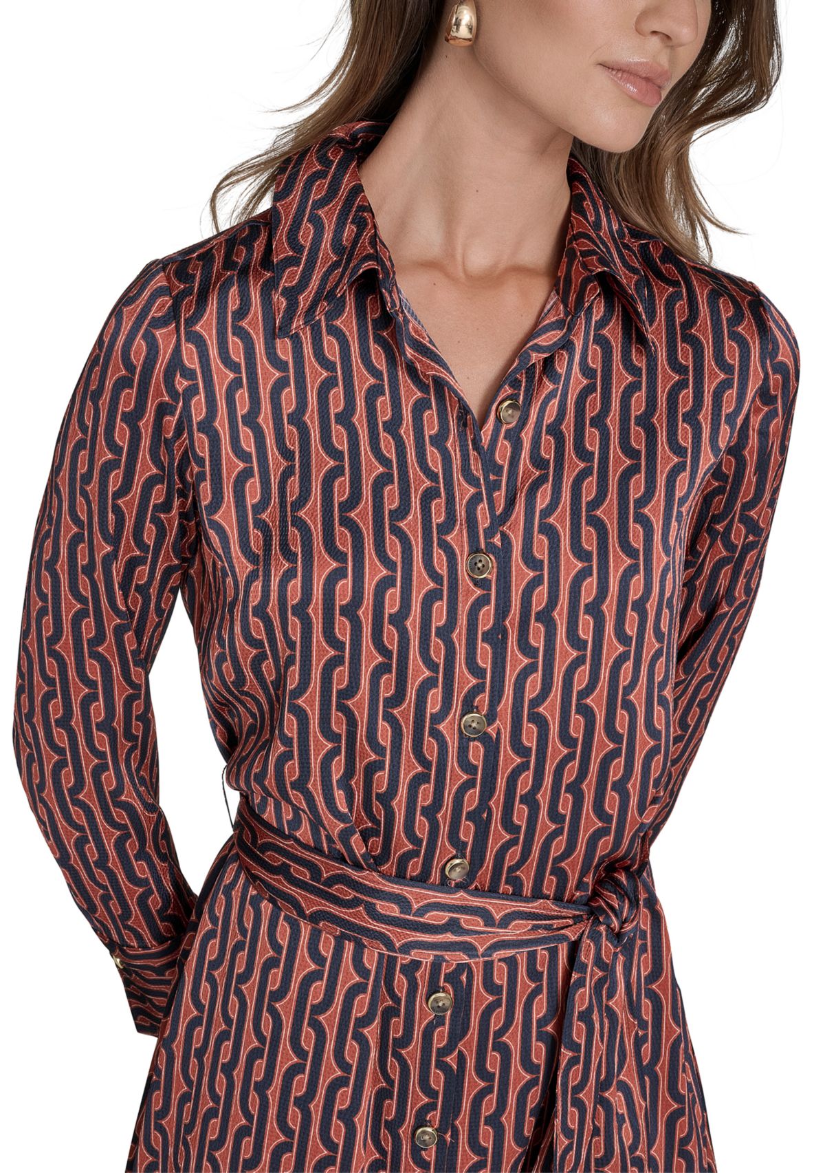 Womens Long Sleeve Collar Neck Printed Shirtdress