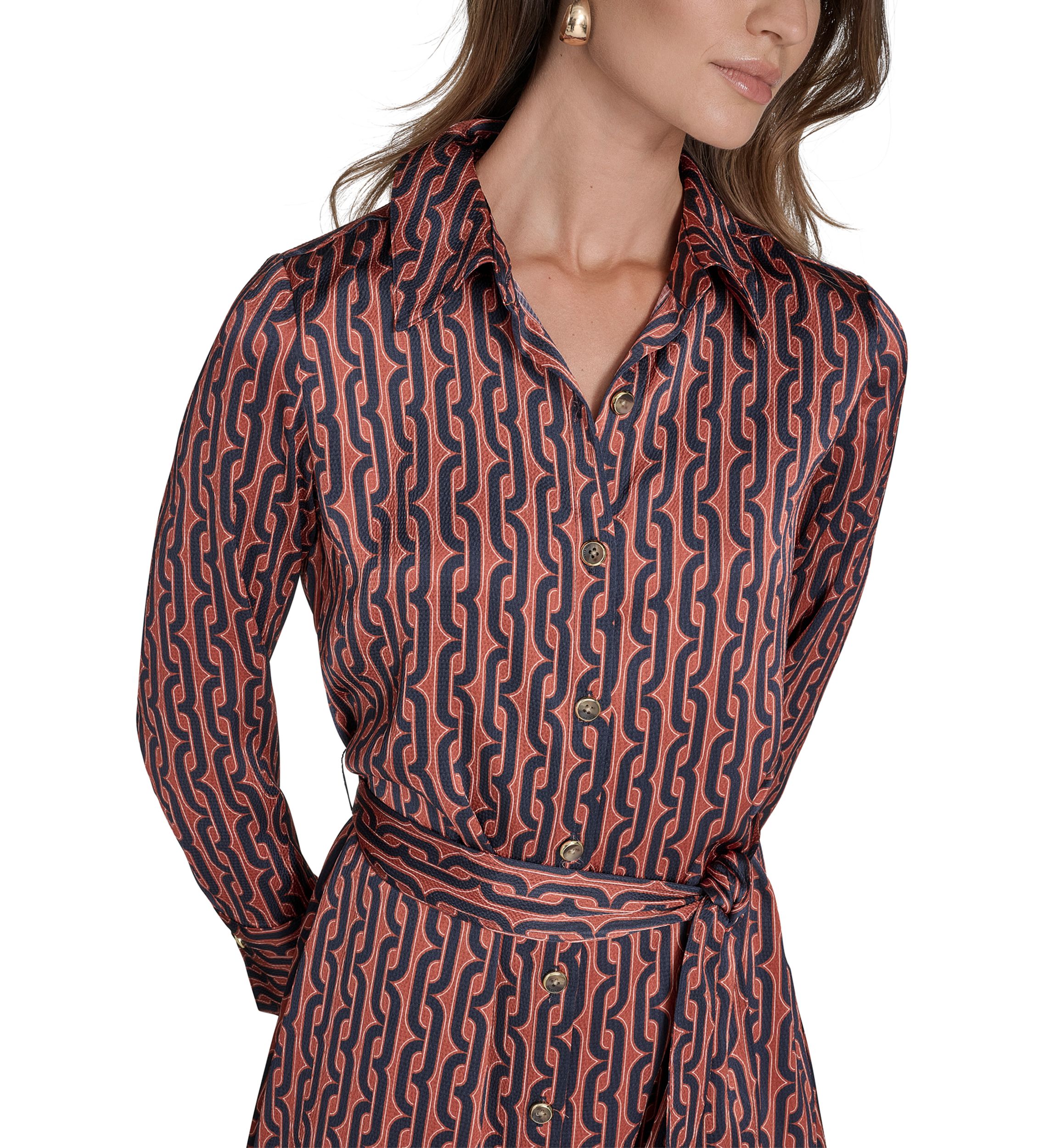 Womens Long Sleeve Collar Neck Printed Shirtdress