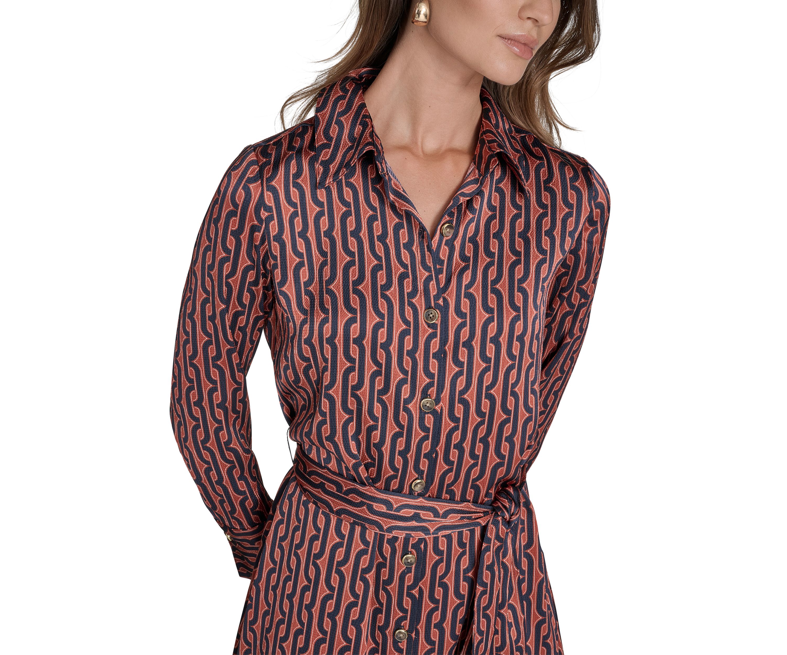 Womens Long Sleeve Collar Neck Printed Shirtdress