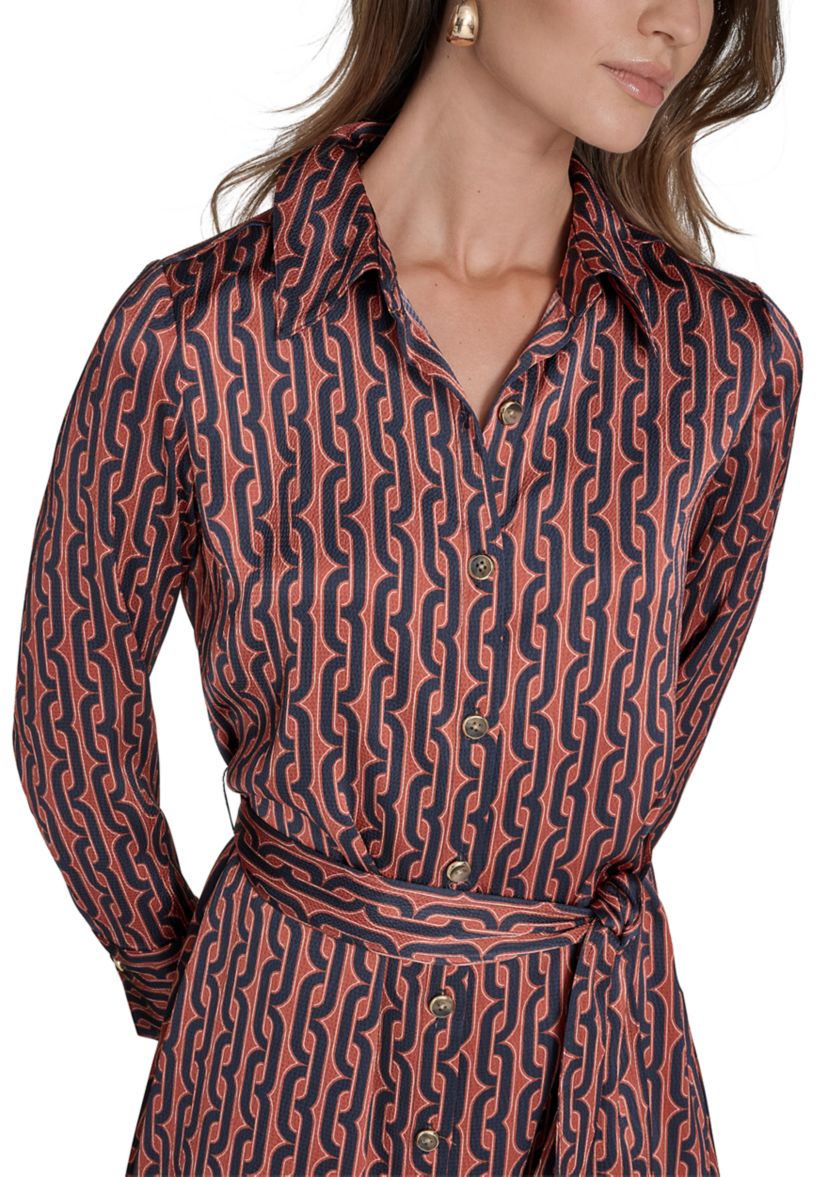 Womens Long Sleeve Collar Neck Printed Shirtdress