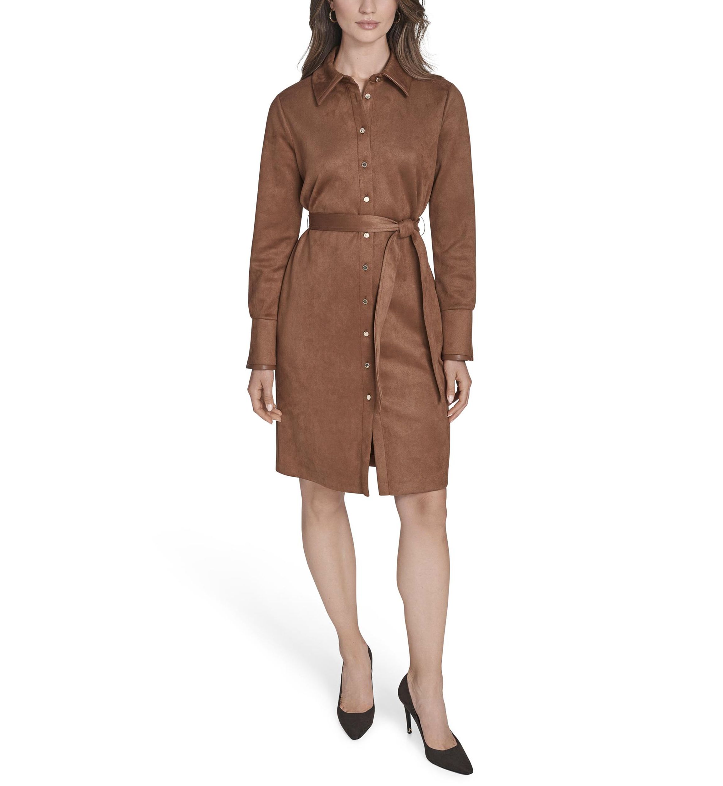 Womens Scuba Suede Vegan Leather Shirtdress