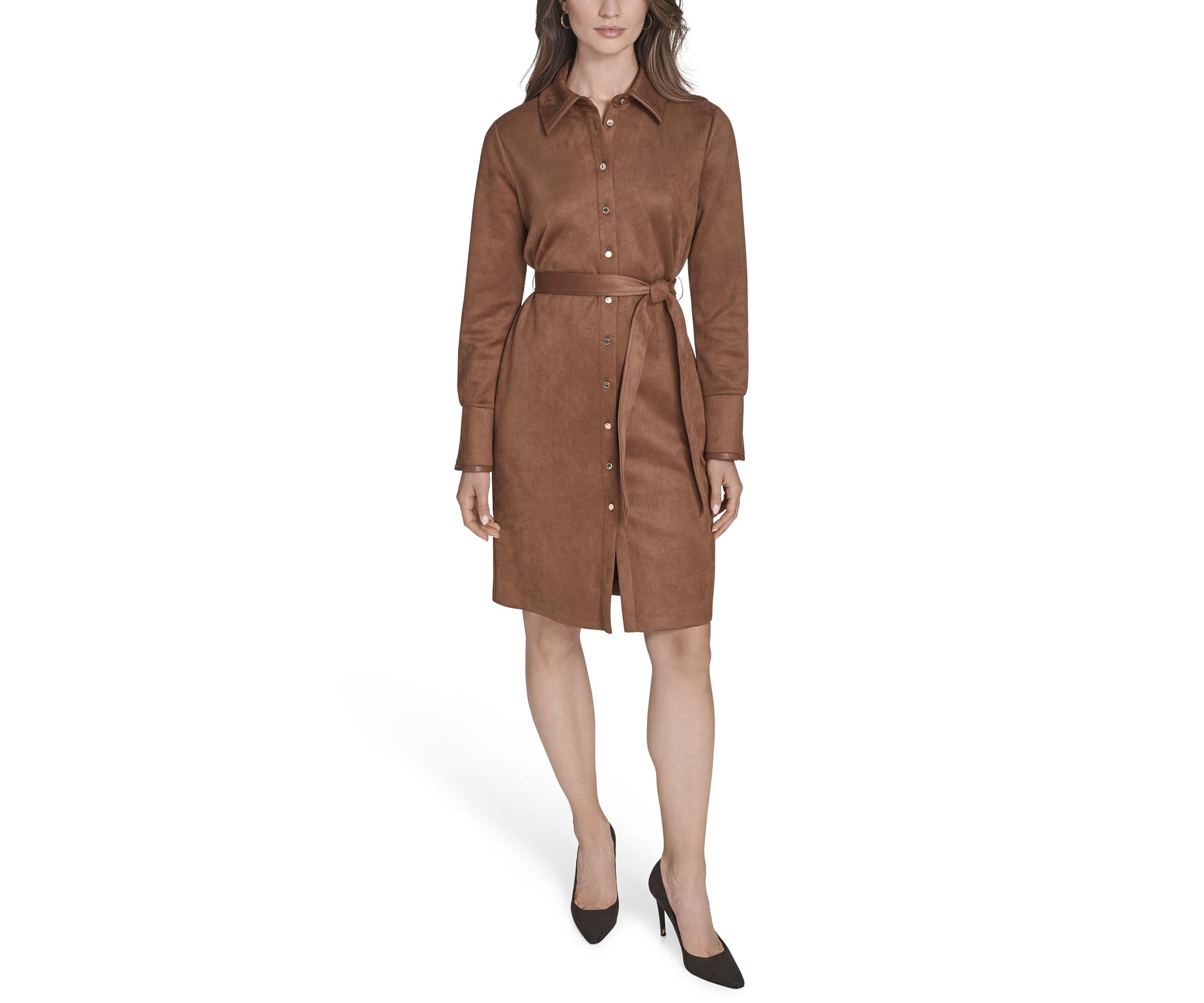 Womens Scuba Suede Vegan Leather Shirtdress