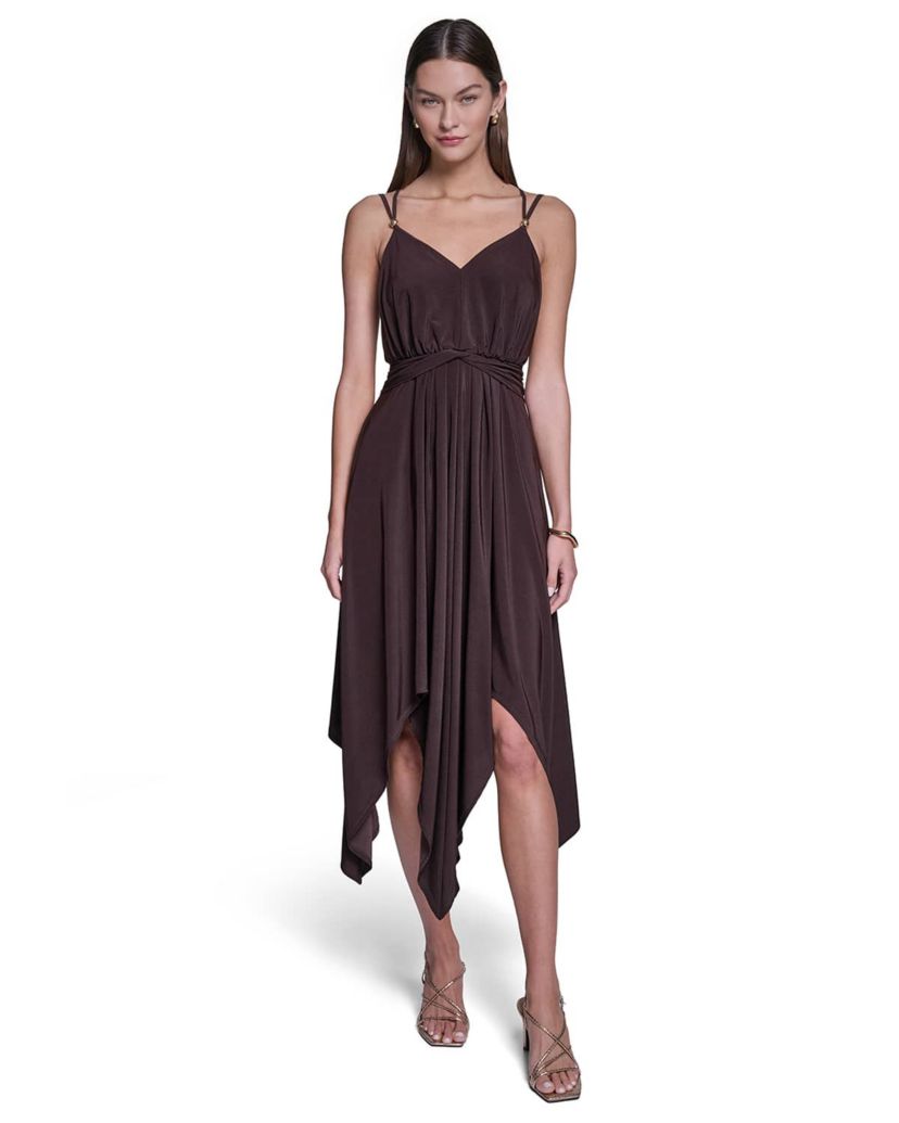 Halston Women's V-Neck Spaghetti Strap Midi Dress, Brown, 14