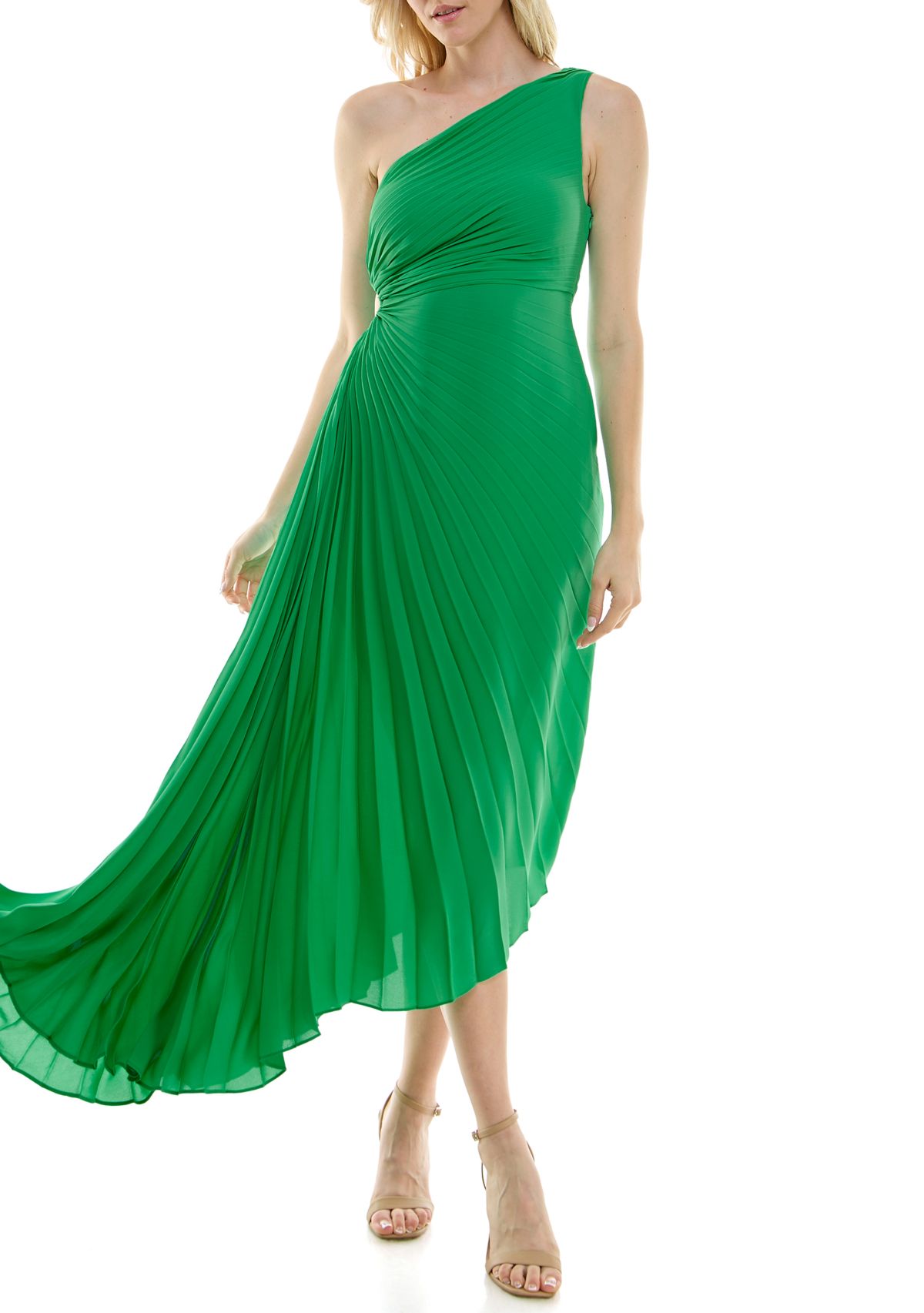 Womens One Shoulder Asymmetric Solid Cut Out Chiffon Fit and Flare Dress