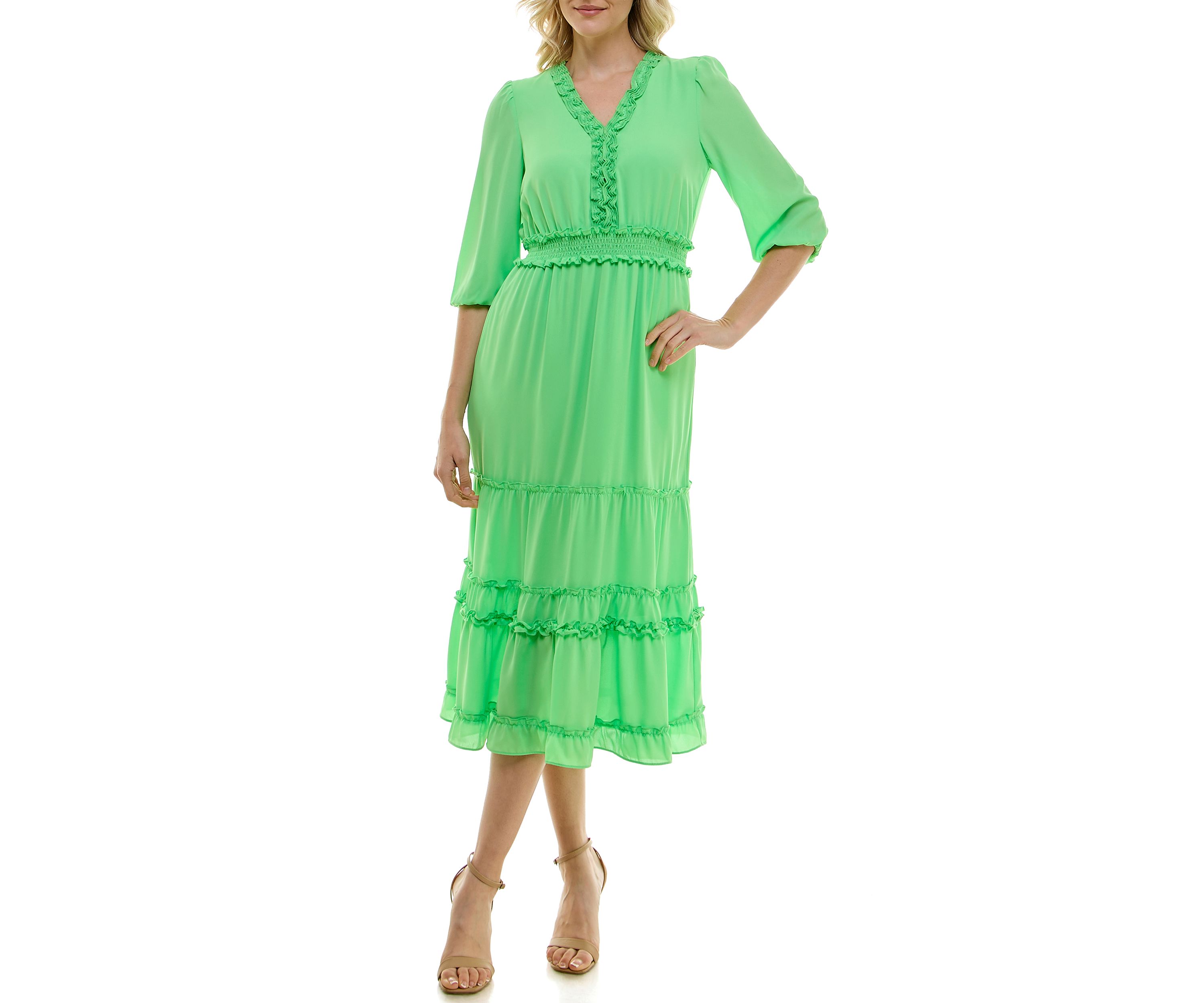 Womens 3/4 Sleeve V-Neck Solid Tiered Chiffon A-Line Dress