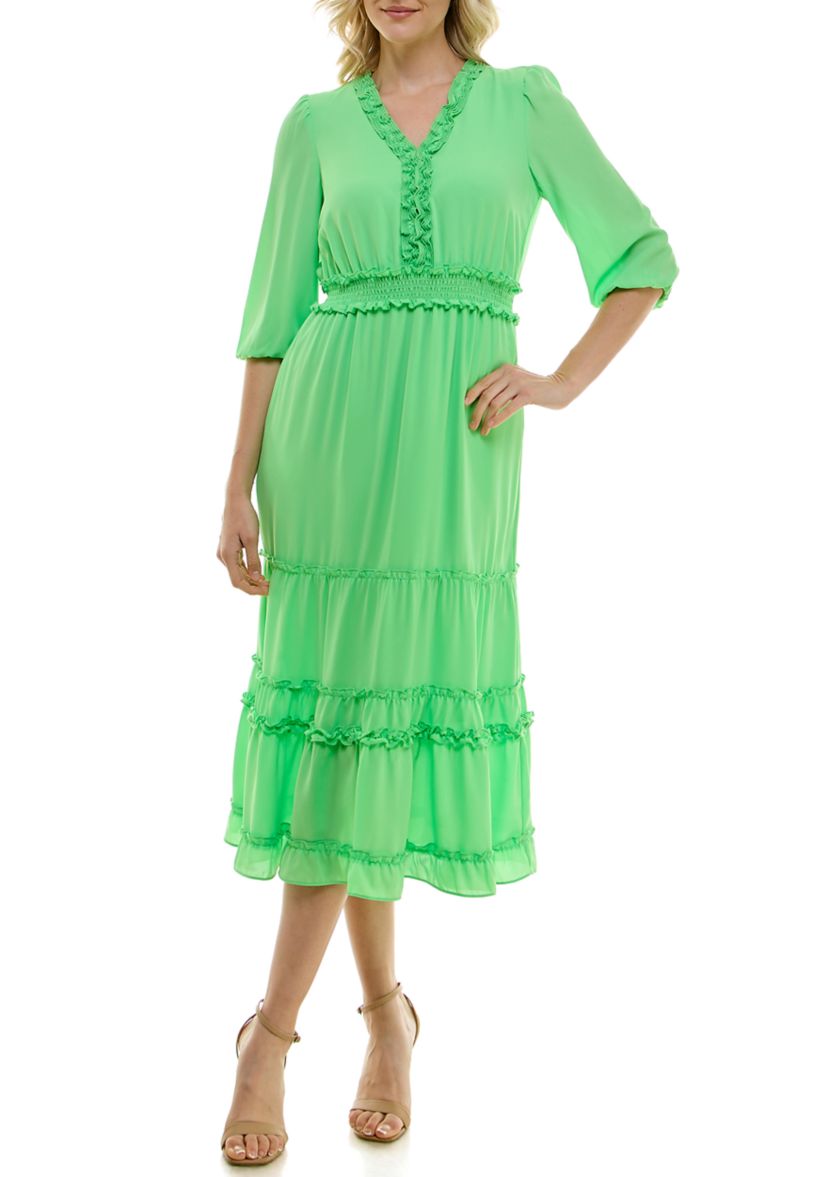 Womens 3/4 Sleeve V-Neck Solid Tiered Chiffon A-Line Dress