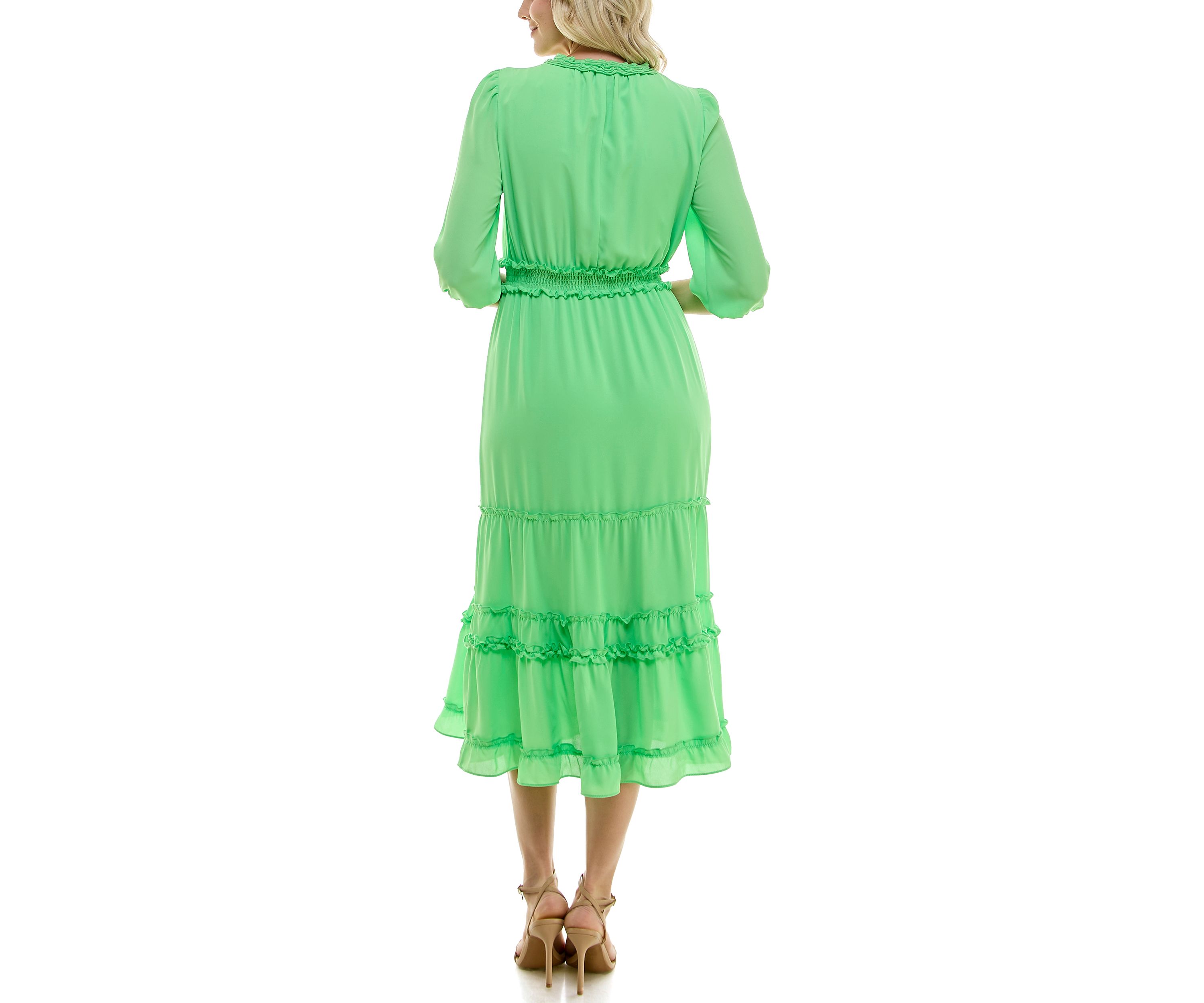 Womens 3/4 Sleeve V-Neck Solid Tiered Chiffon A-Line Dress