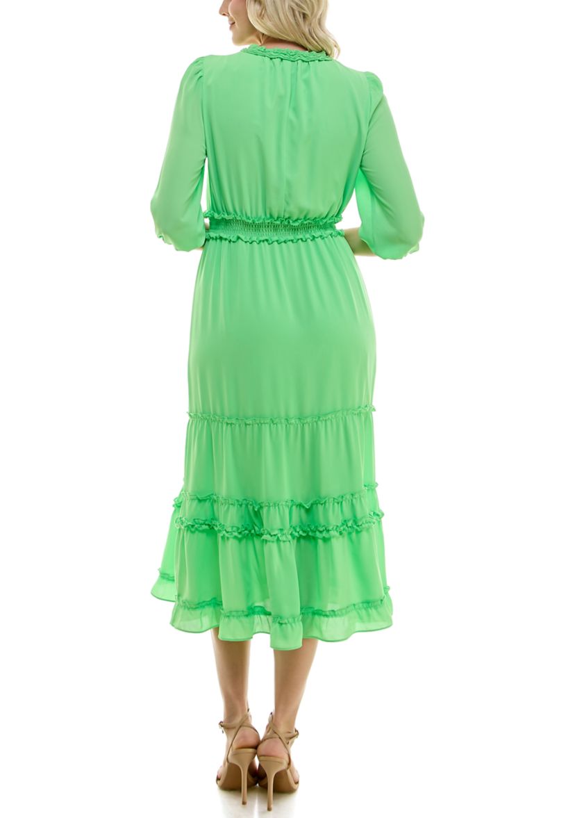 Womens 3/4 Sleeve V-Neck Solid Tiered Chiffon A-Line Dress
