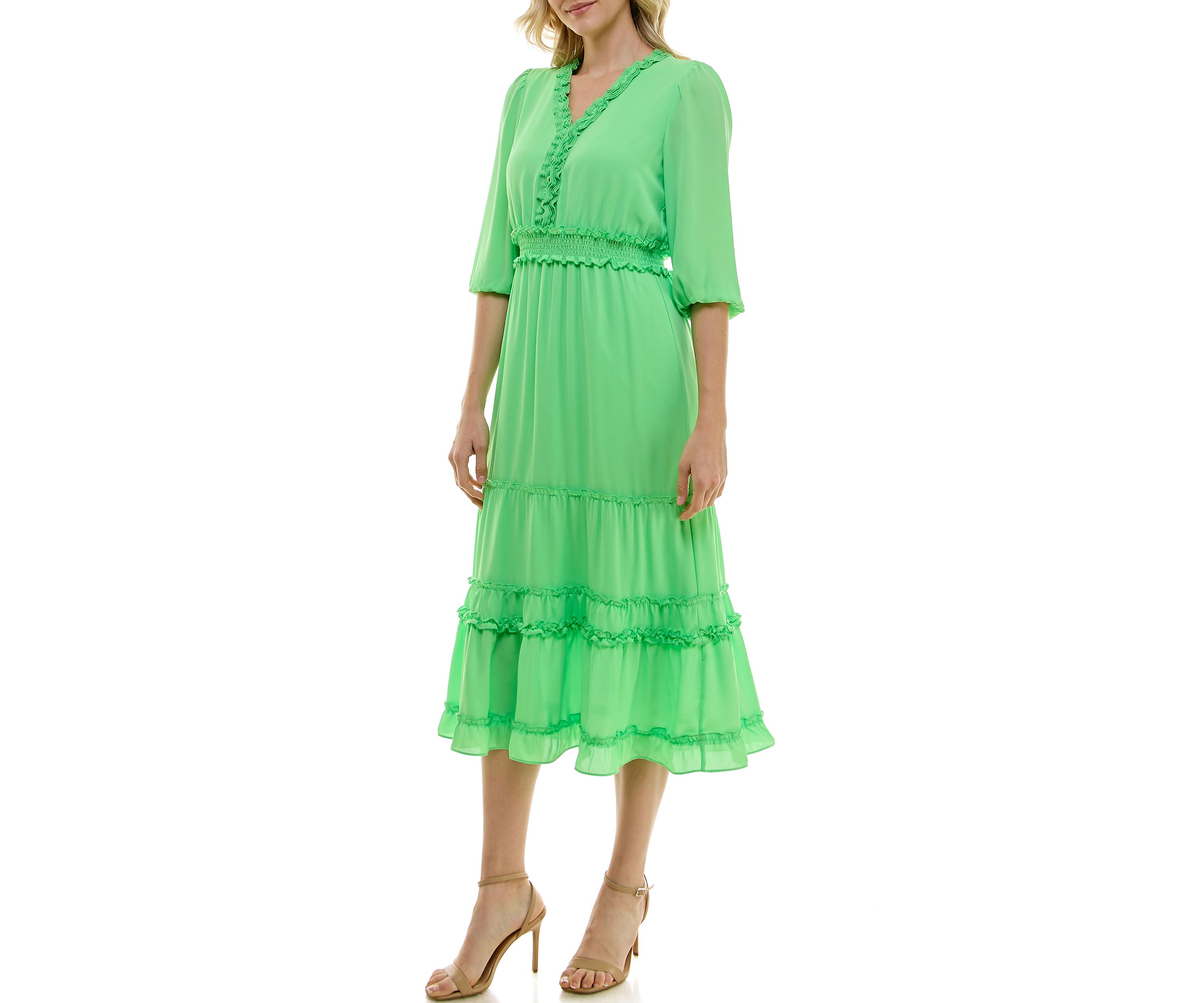 Womens 3/4 Sleeve V-Neck Solid Tiered Chiffon A-Line Dress