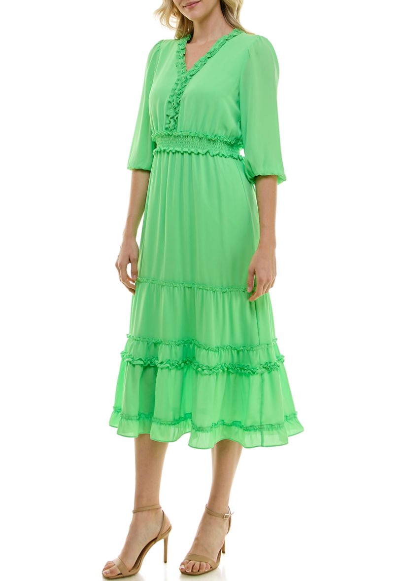 Womens 3/4 Sleeve V-Neck Solid Tiered Chiffon A-Line Dress