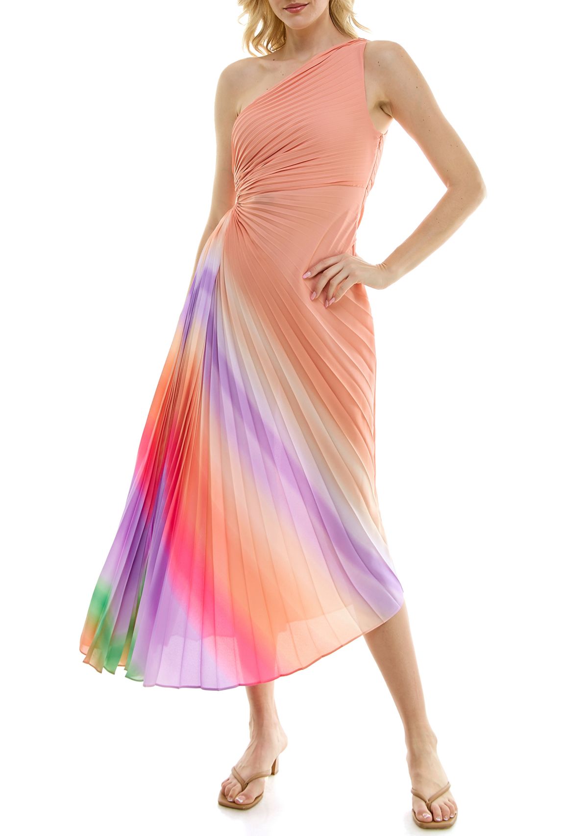 Womens One Shoulder Asymmetric Printed Cut Out Chiffon Fit and Flare Dress