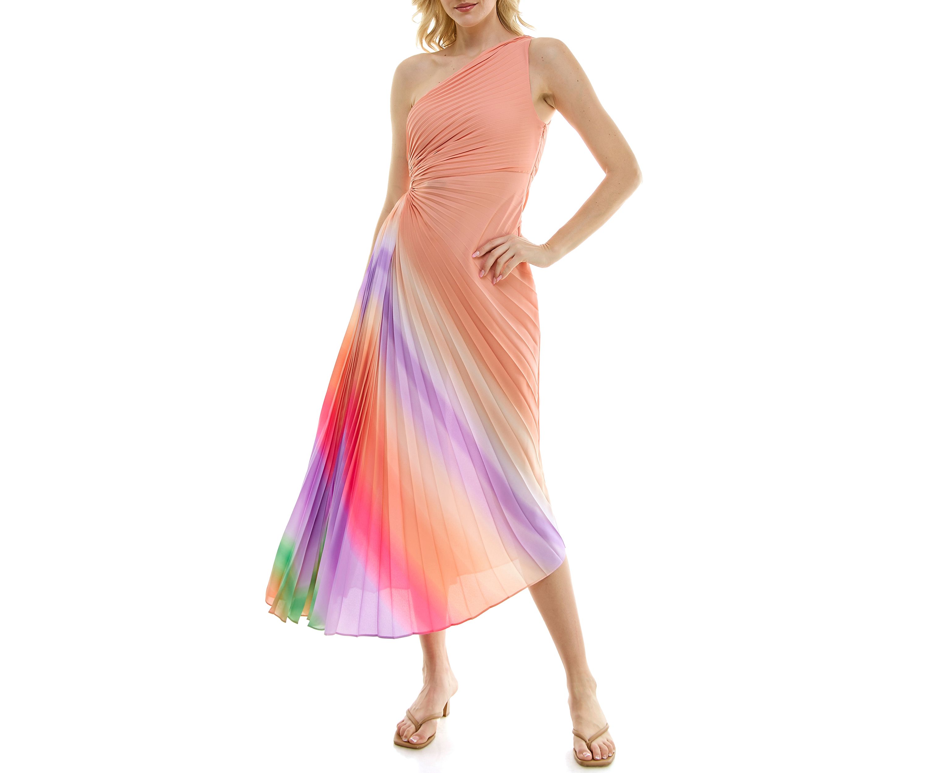 Womens One Shoulder Asymmetric Printed Cut Out Chiffon Fit and Flare Dress