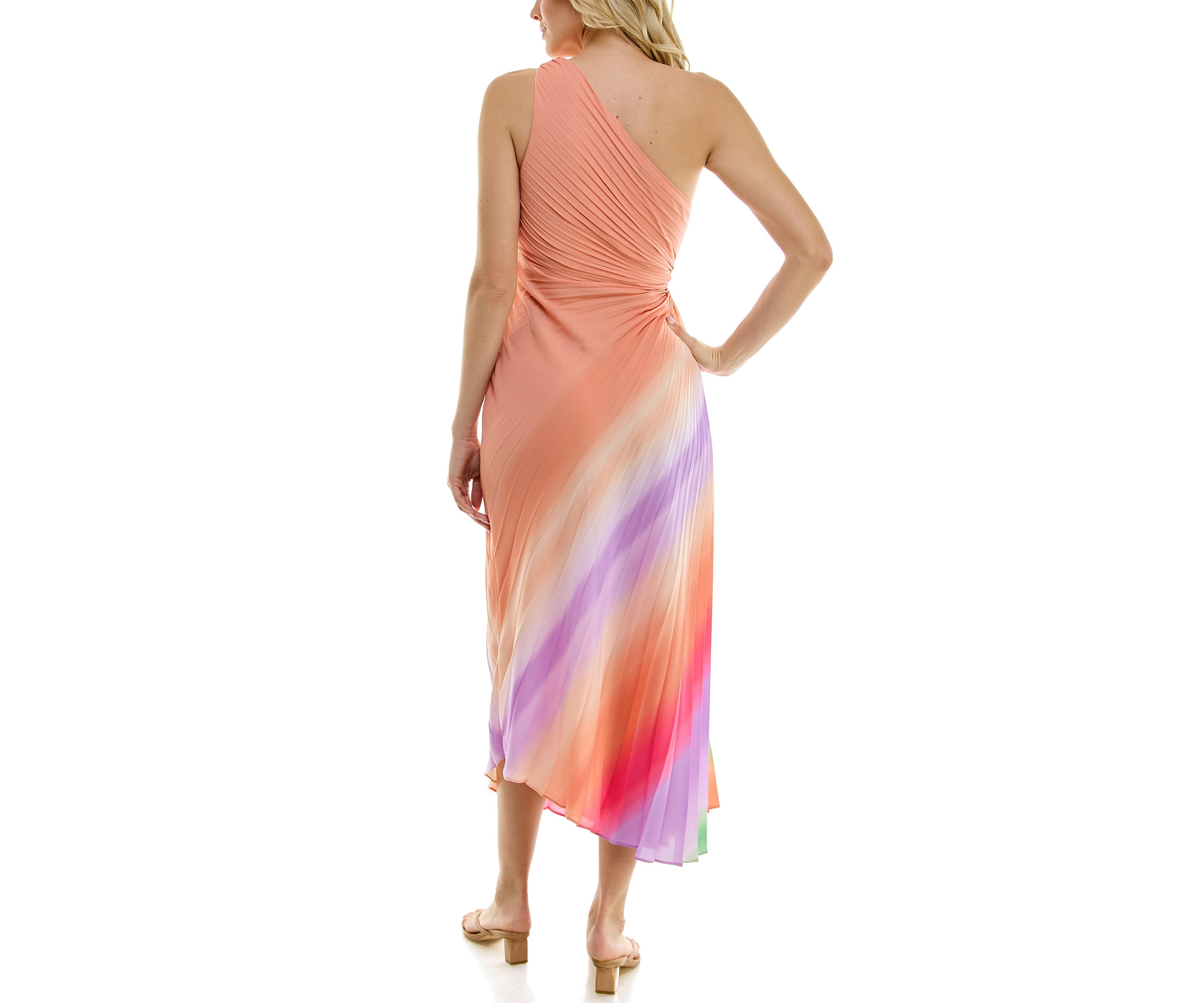 Womens One Shoulder Asymmetric Printed Cut Out Chiffon Fit and Flare Dress