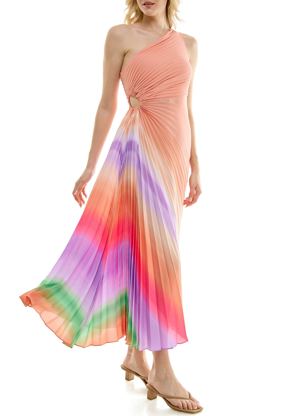 Womens One Shoulder Asymmetric Printed Cut Out Chiffon Fit and Flare Dress