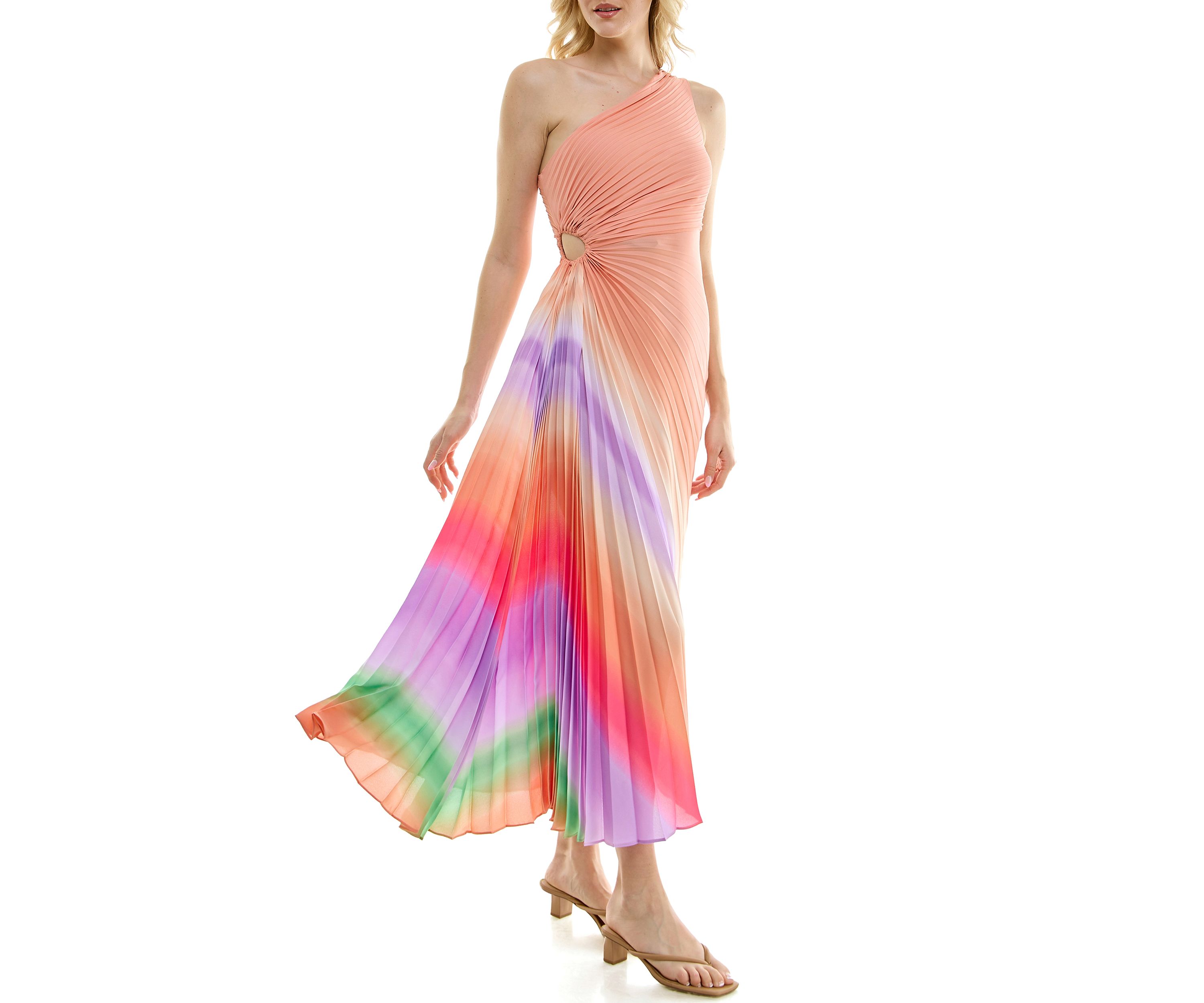 Womens One Shoulder Asymmetric Printed Cut Out Chiffon Fit and Flare Dress