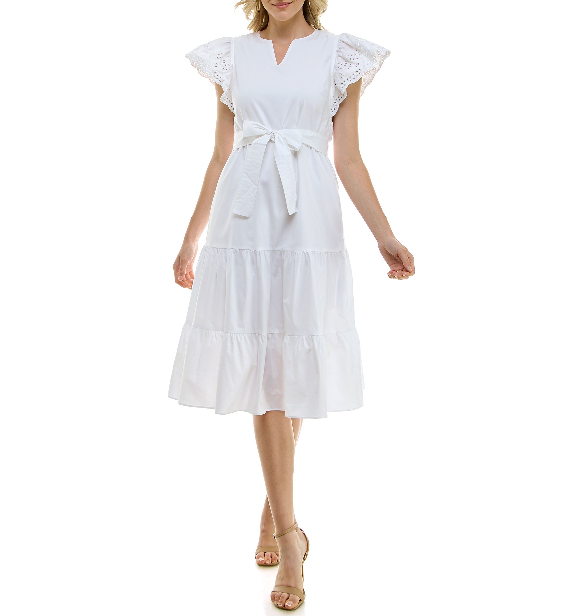 Womens Short Sleeve V-Neck Belted Solid Chiffon Fit and Flare Dress