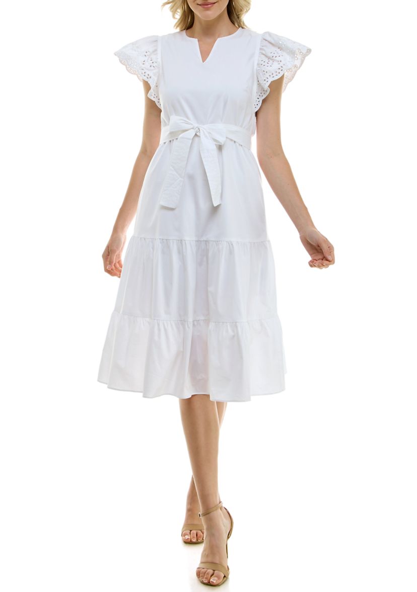 Womens Short Sleeve V-Neck Belted Solid Chiffon Fit and Flare Dress