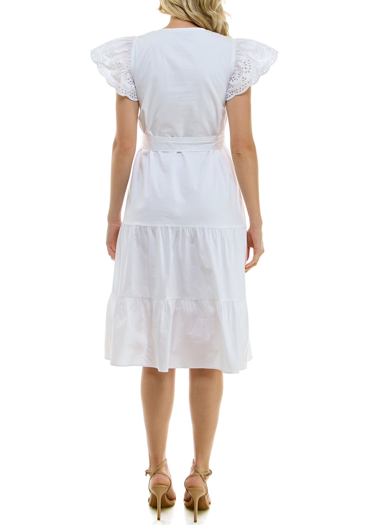Womens Short Sleeve V-Neck Belted Solid Chiffon Fit and Flare Dress