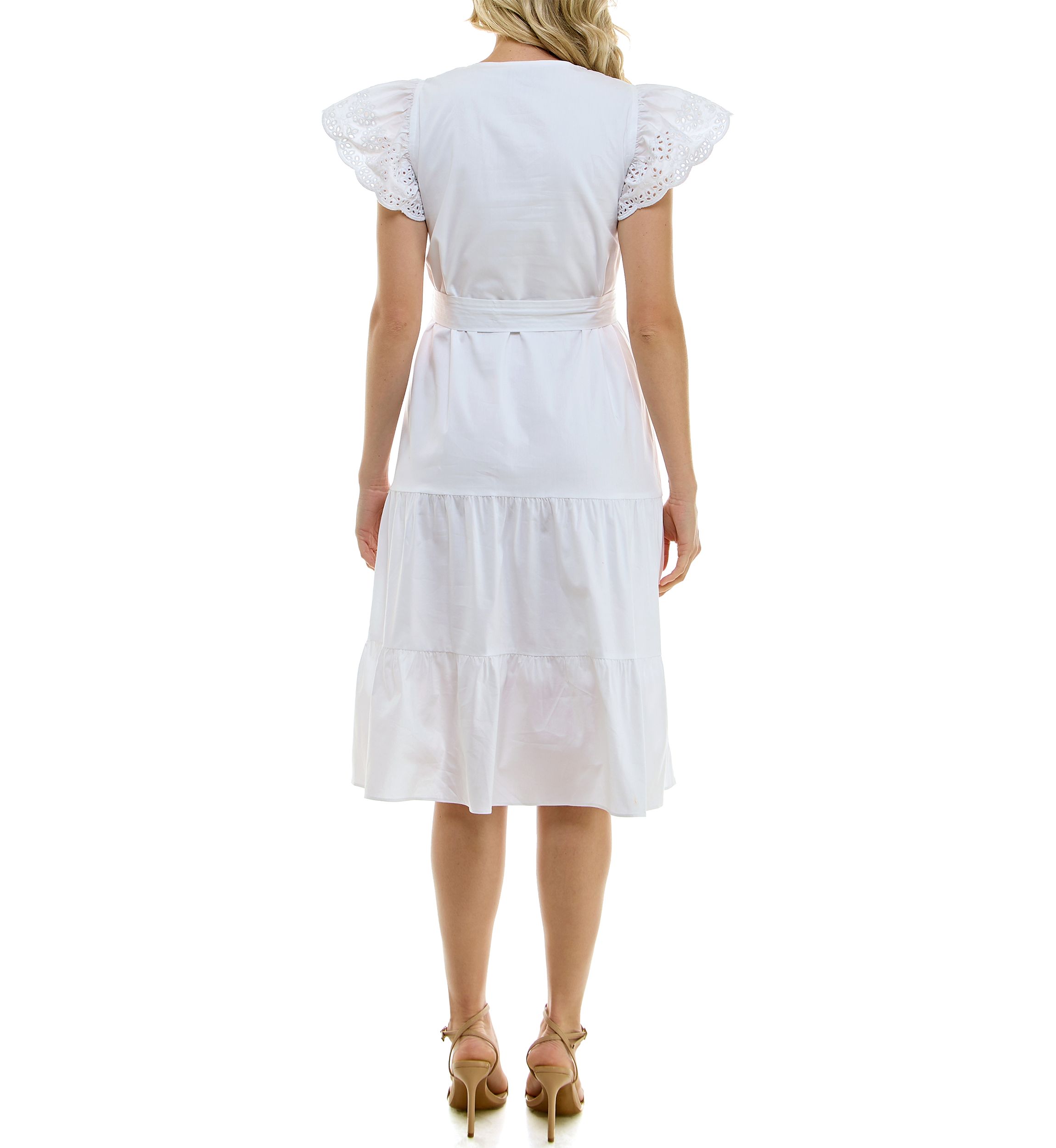 Womens Short Sleeve V-Neck Belted Solid Chiffon Fit and Flare Dress