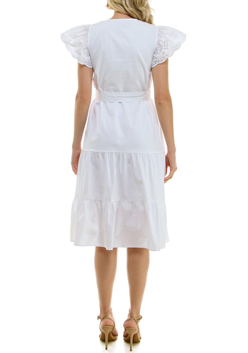 Womens Short Sleeve V-Neck Belted Solid Chiffon Fit and Flare Dress
