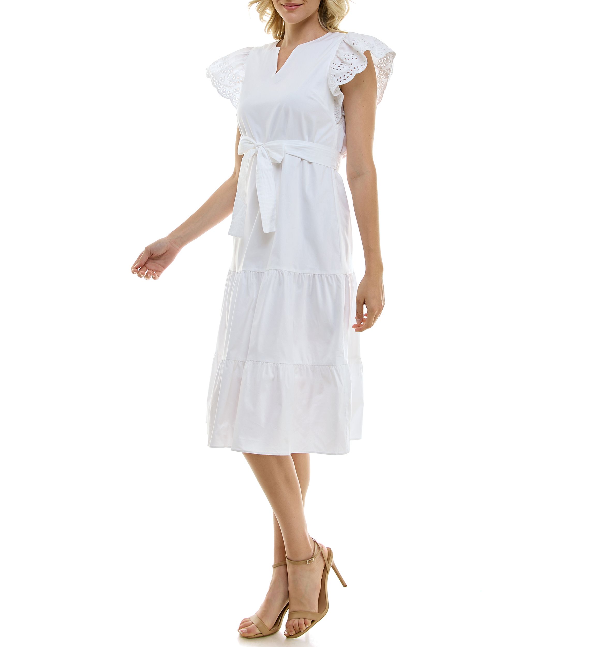 Womens Short Sleeve V-Neck Belted Solid Chiffon Fit and Flare Dress