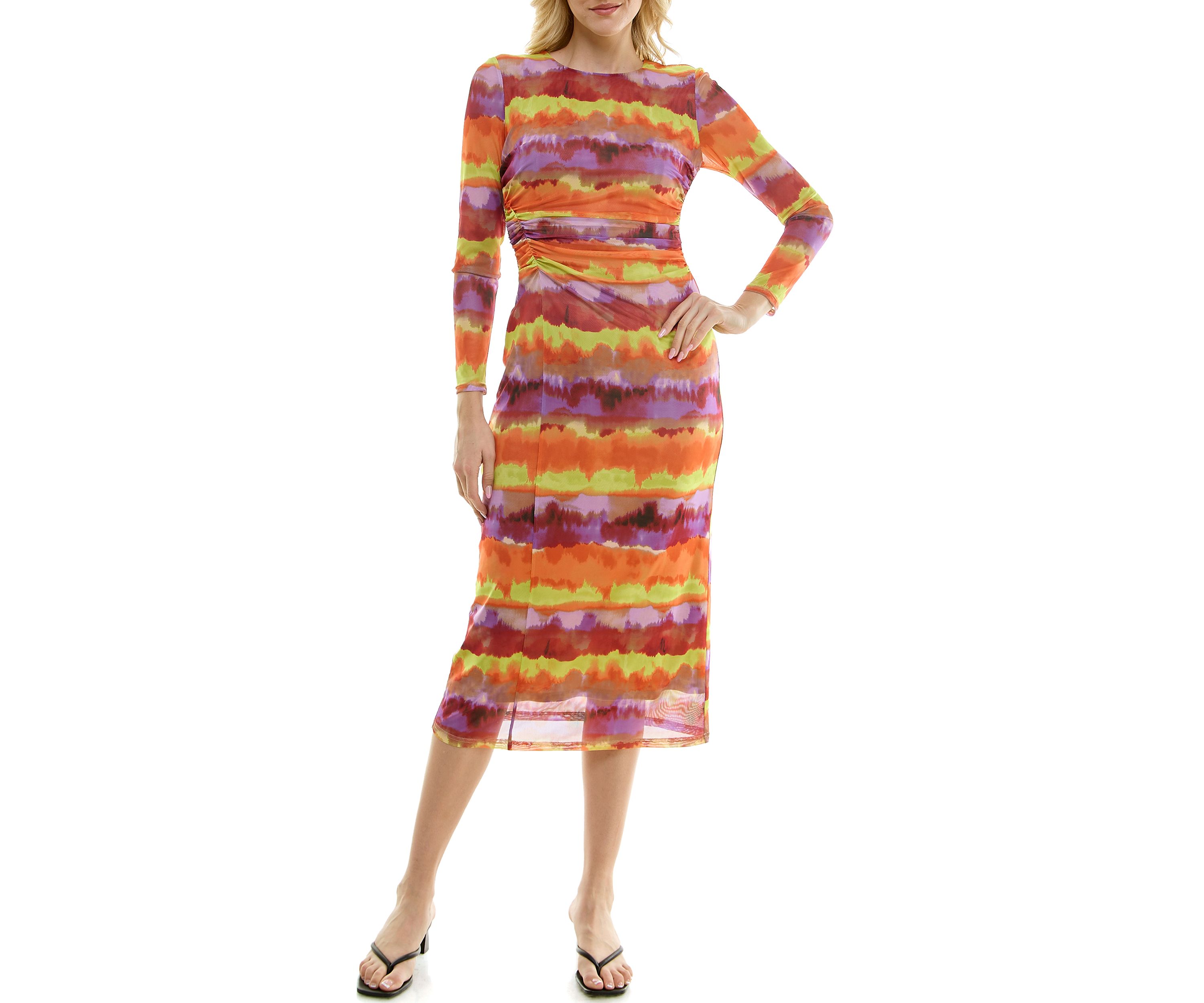 Womens Long Sleeve Crew Neck Printed Mesh Midi A-Line Dress