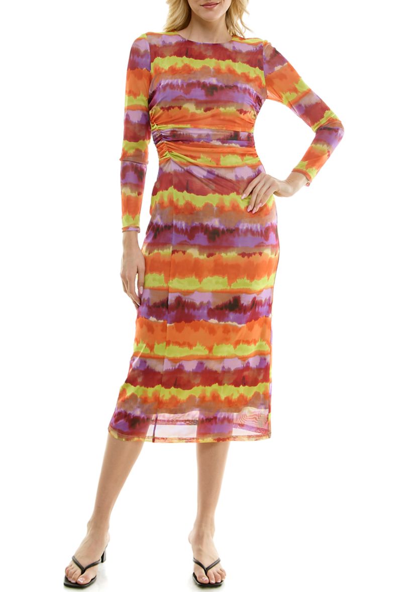 Womens Long Sleeve Crew Neck Printed Mesh Midi A-Line Dress