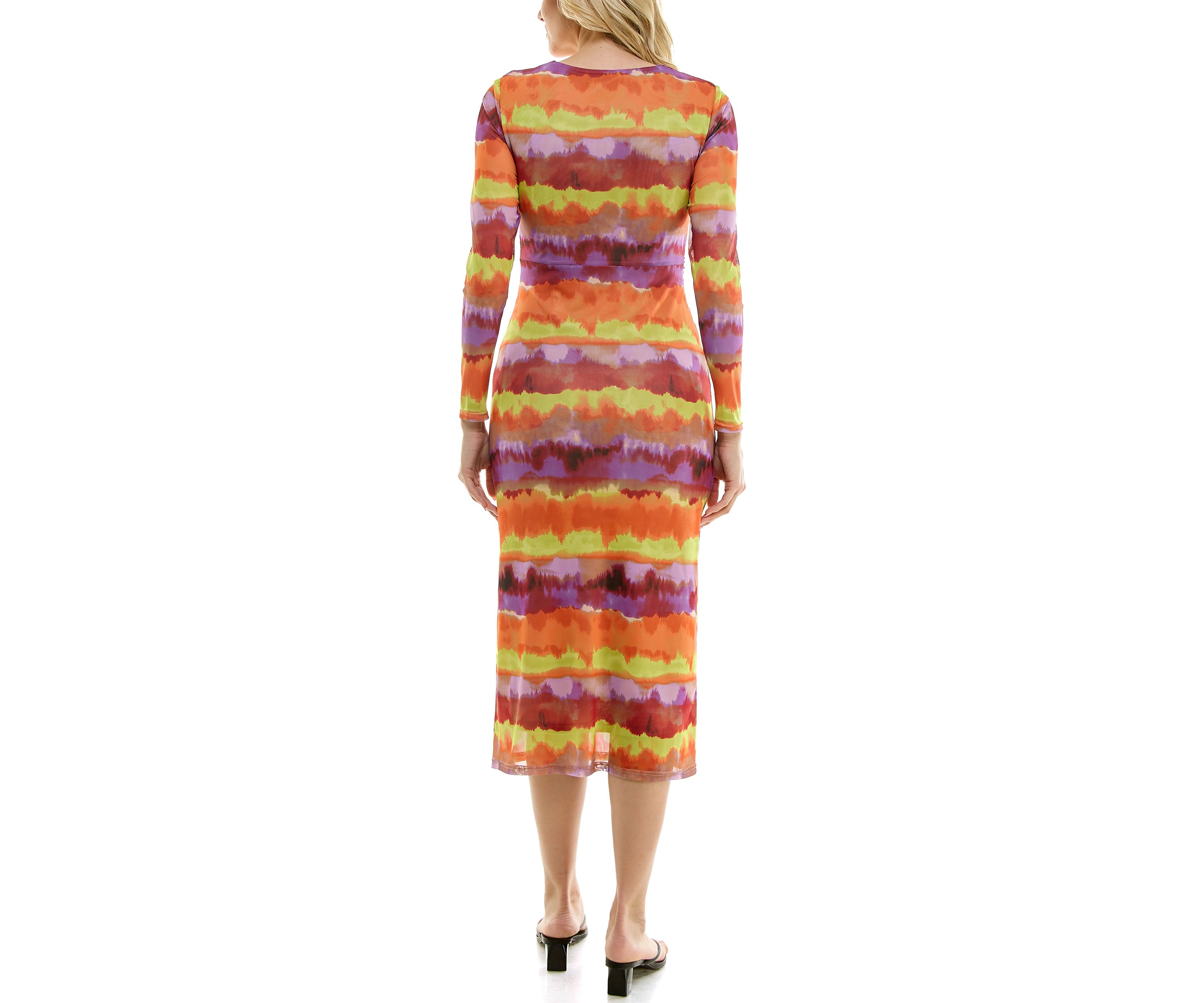 Womens Long Sleeve Crew Neck Printed Mesh Midi A-Line Dress