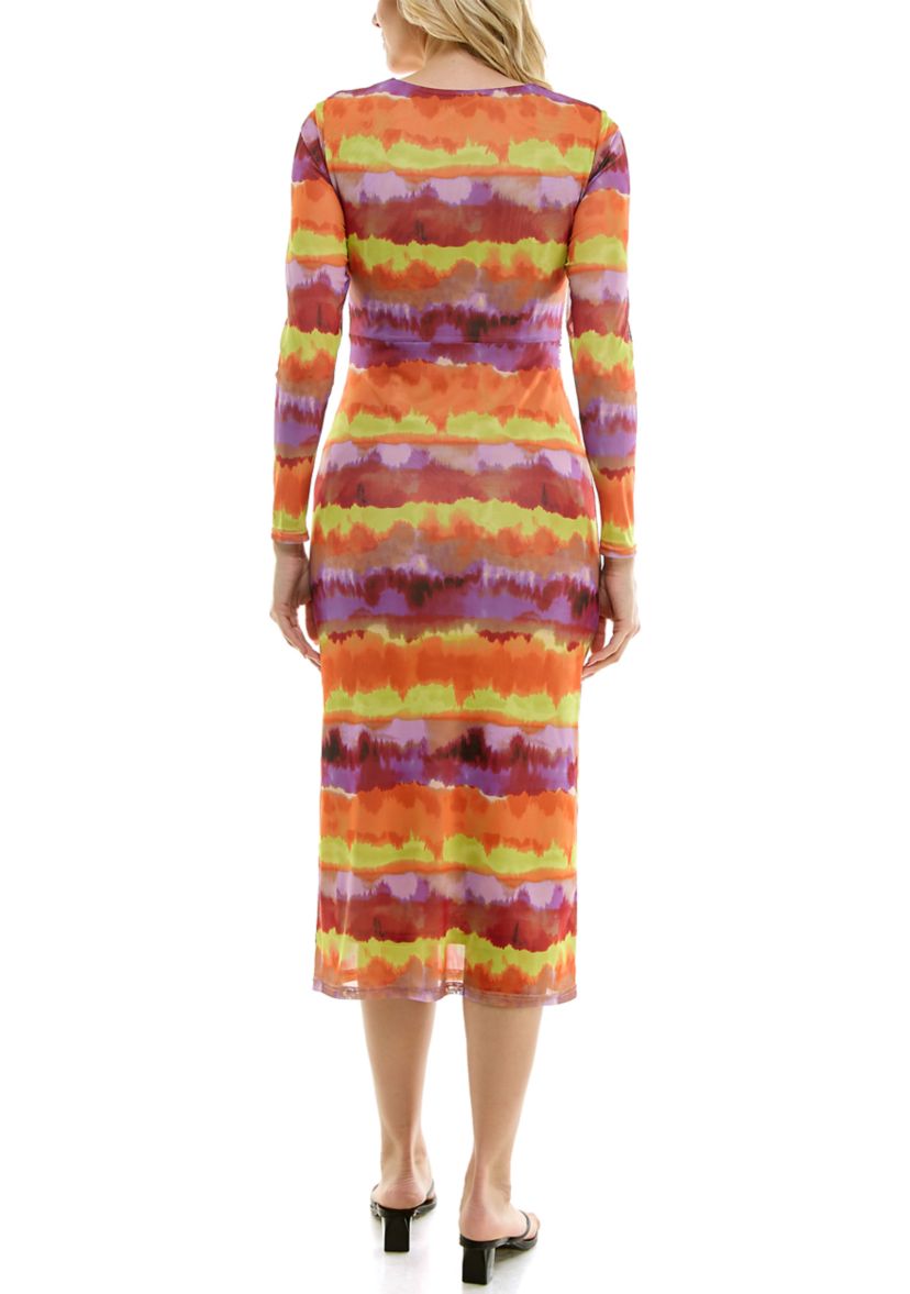 Womens Long Sleeve Crew Neck Printed Mesh Midi A-Line Dress