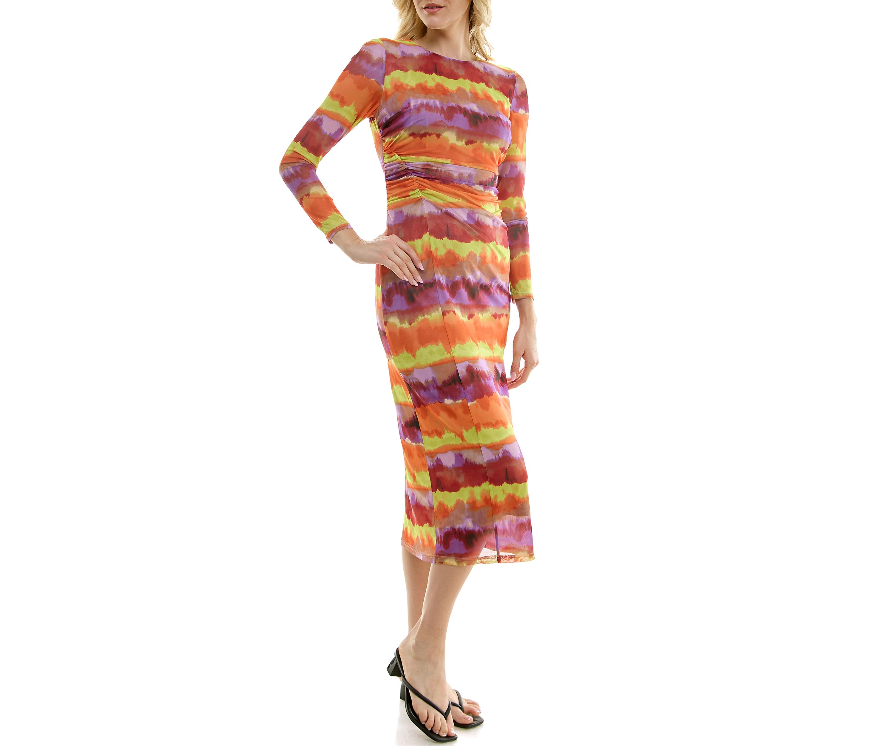 Womens Long Sleeve Crew Neck Printed Mesh Midi A-Line Dress