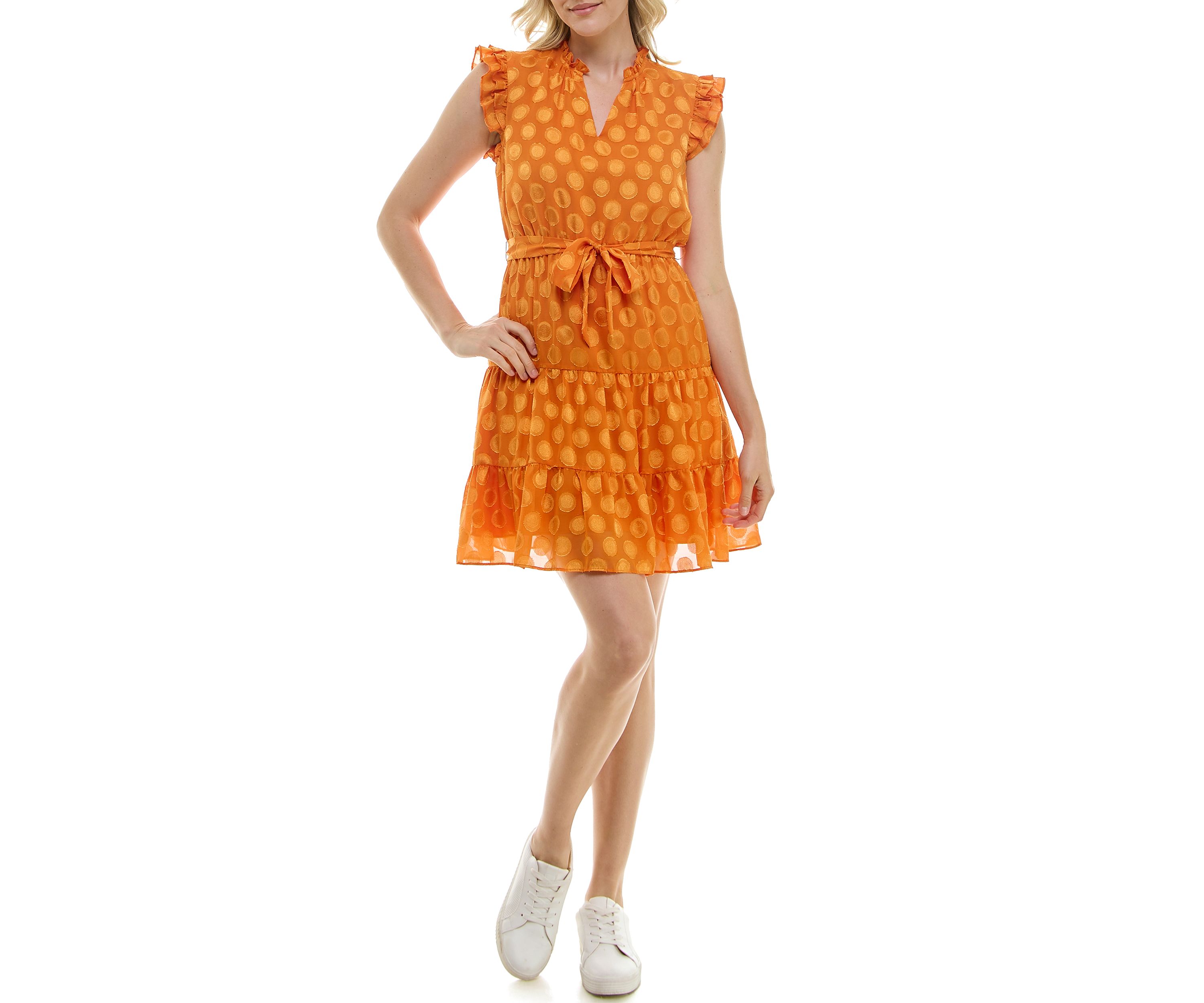 Womens Flutter Sleeve V-Neck Belted Burnout Dot Fit and Flare Dress