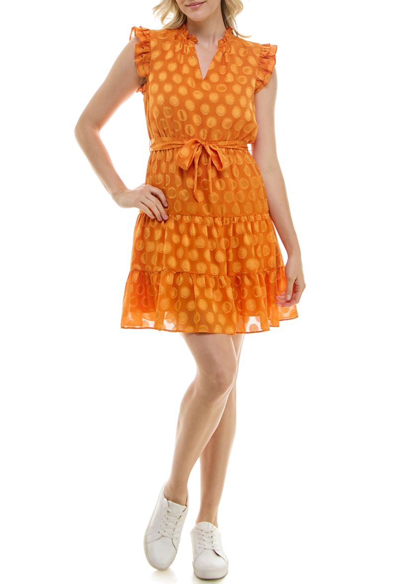 Womens Flutter Sleeve V-Neck Belted Burnout Dot Fit and Flare Dress