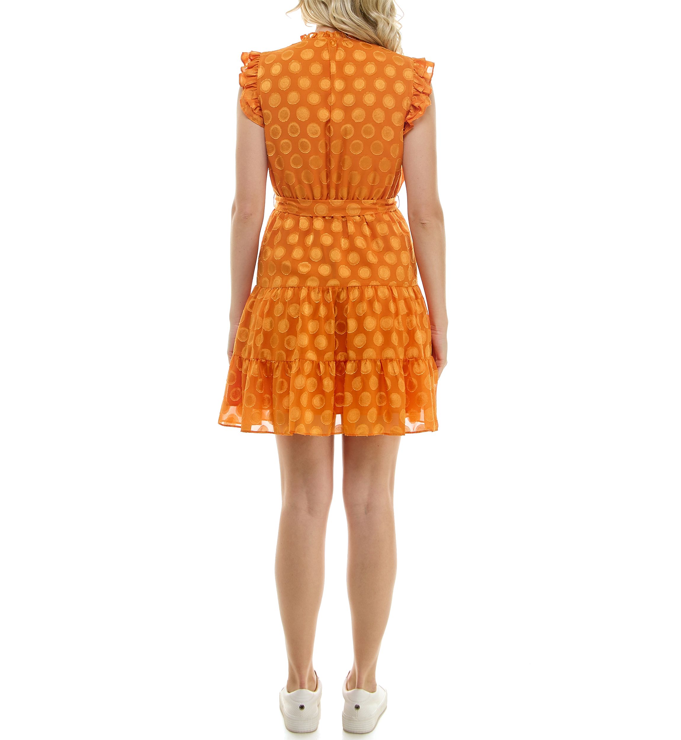 Womens Flutter Sleeve V-Neck Belted Burnout Dot Fit and Flare Dress